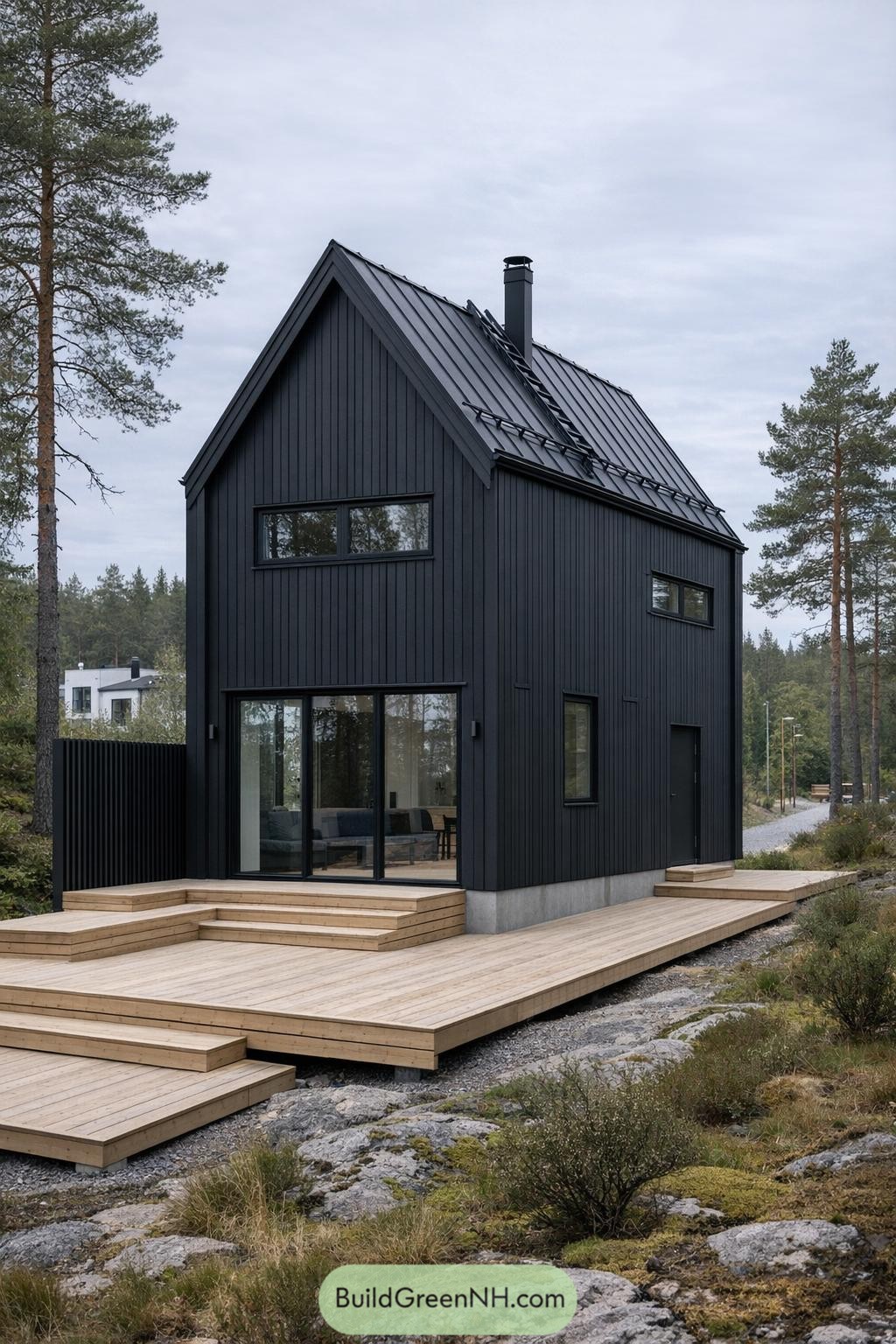 Black vertical-clad cabin with pale timber decks on rocky woodland terrain