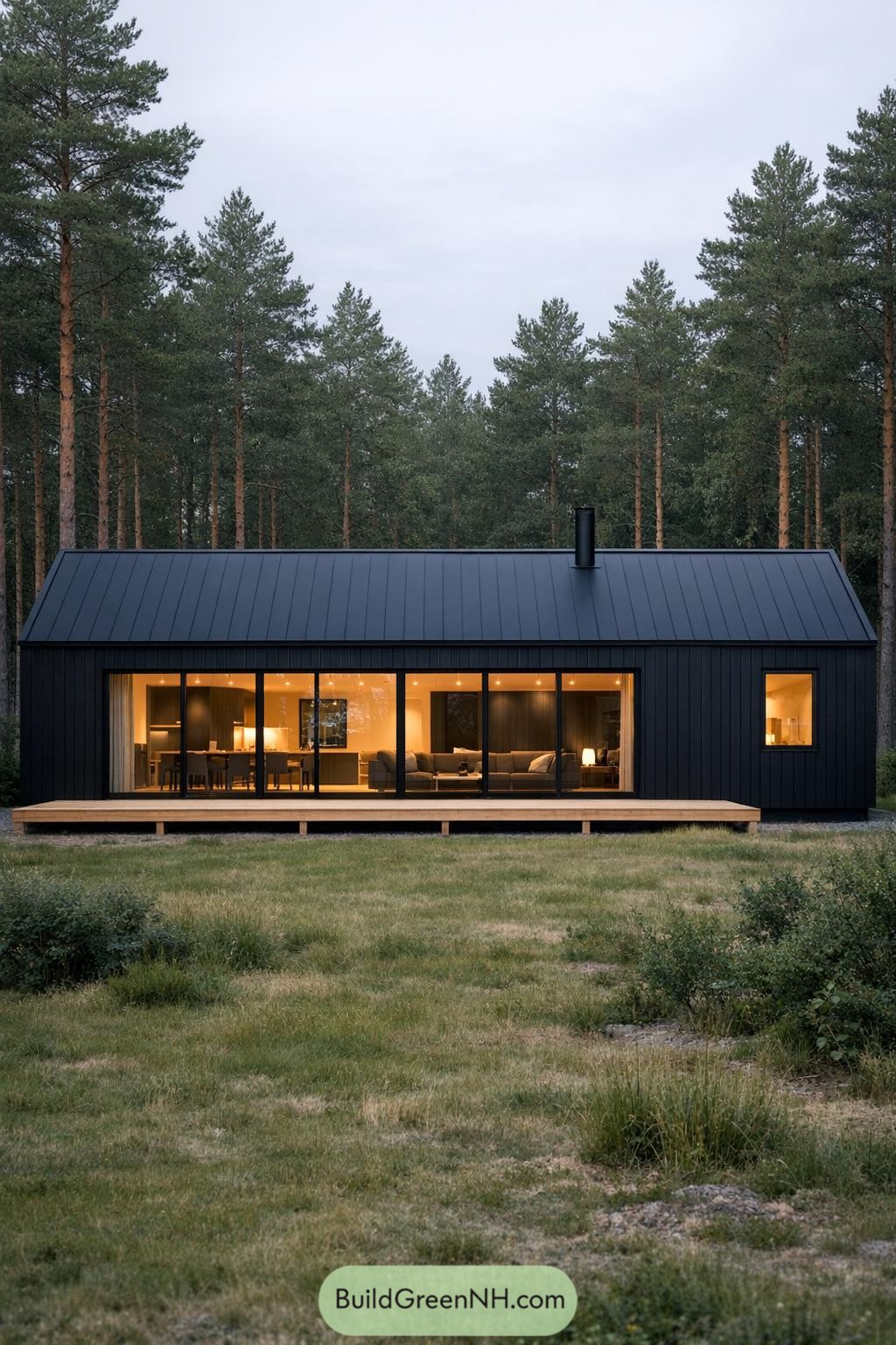Black Scandinavian cabin with full-width glazing facing a meadow and pine forest backdrop