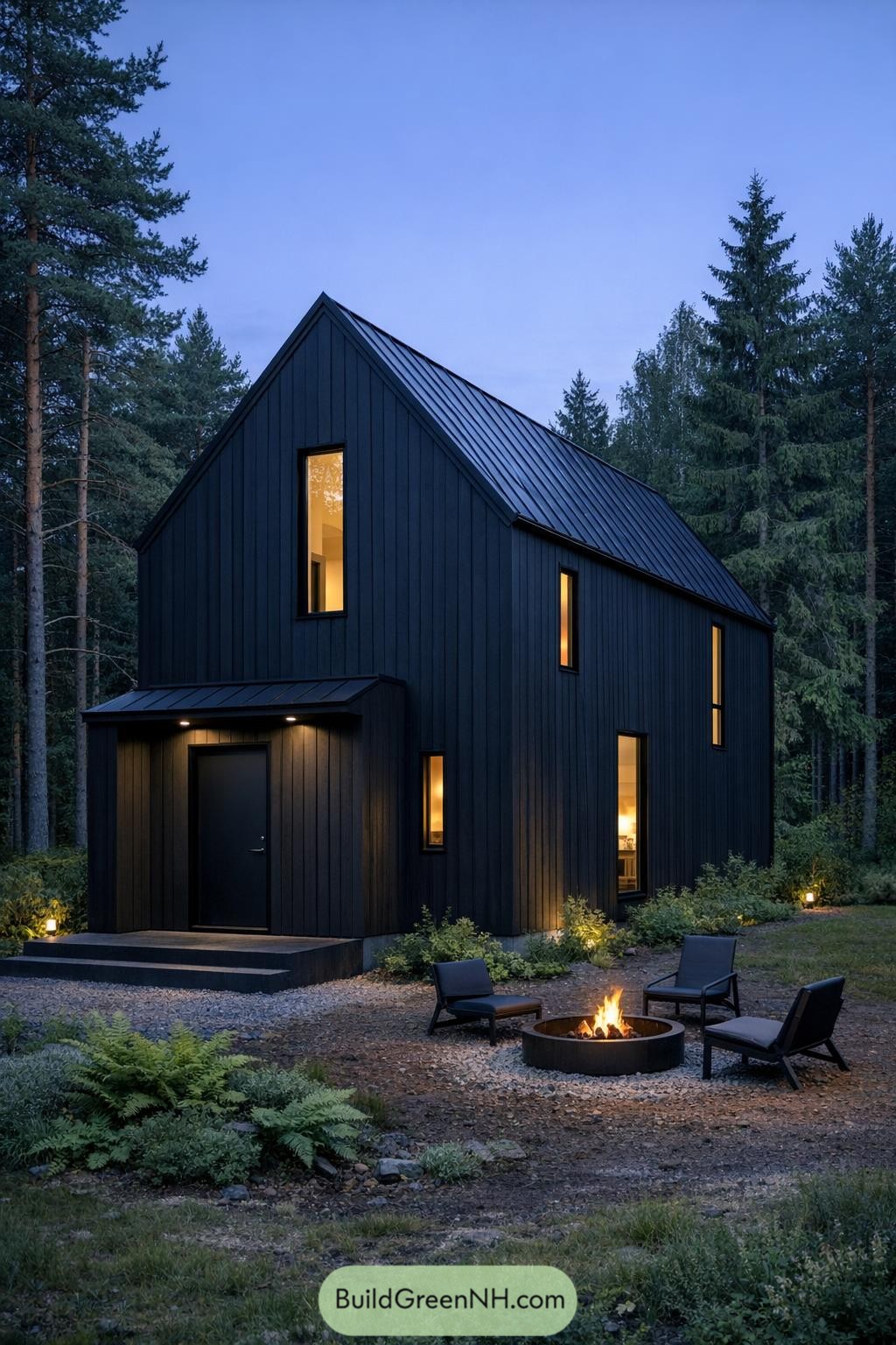 Black vertical-clad Scandinavian cabin with tall narrow windows and a circular fire pit seating area in a forest clearing at dusk