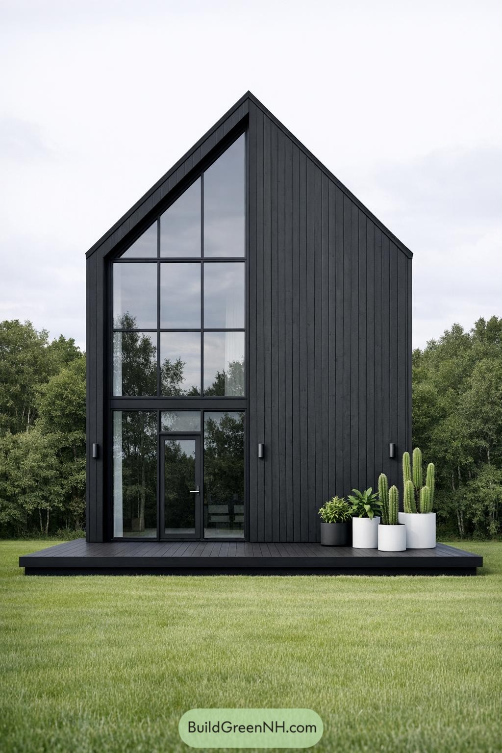 Tall black Scandinavian house with full-height windows and potted plants on a simple deck