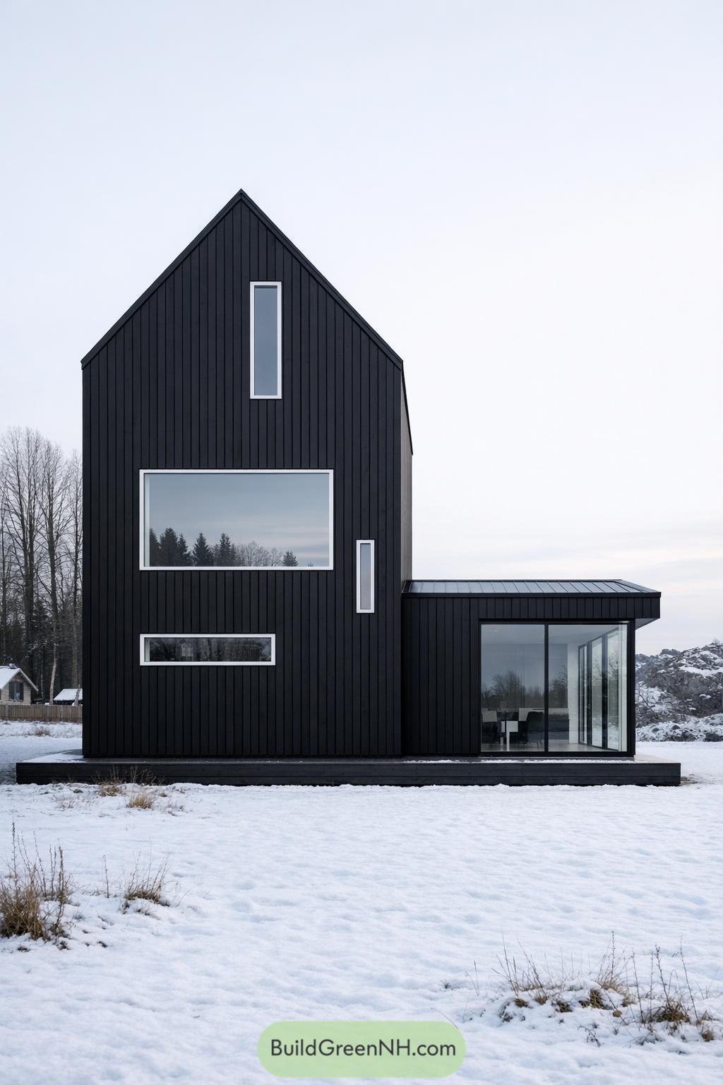 Black vertical-clad Nordic house with tall gabled volume and glass-lined side wing in a snowy field