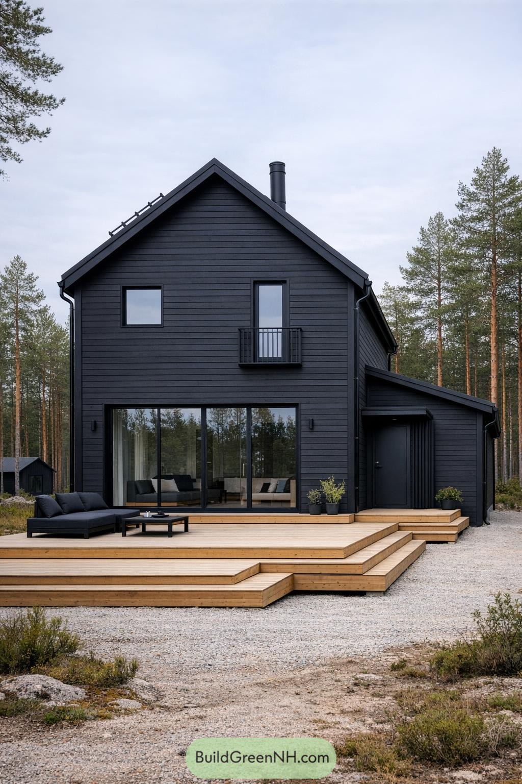 Black Scandinavian house with tiered wooden deck