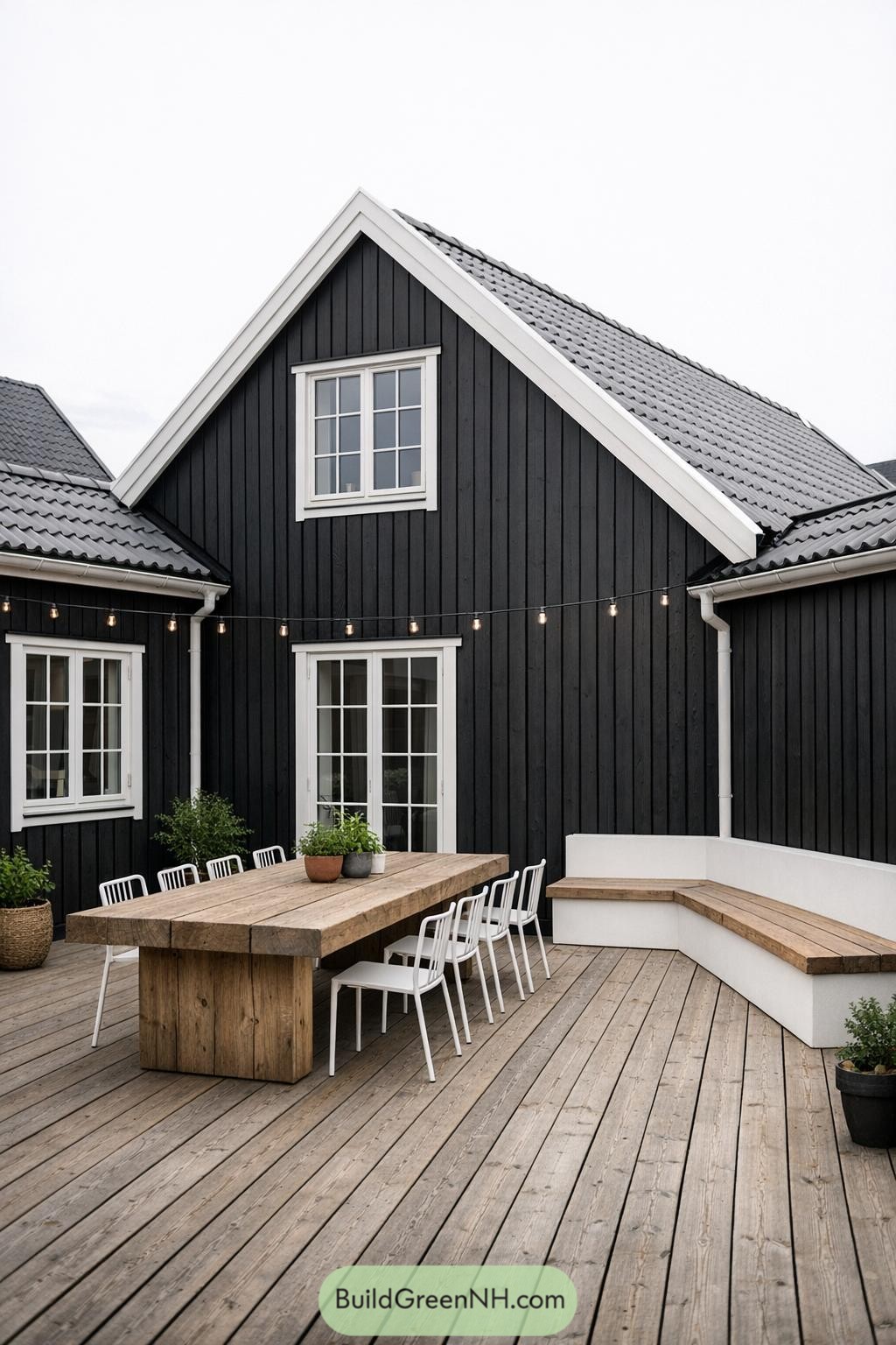 Black Scandinavian house with wood deck dining area and built-in corner bench