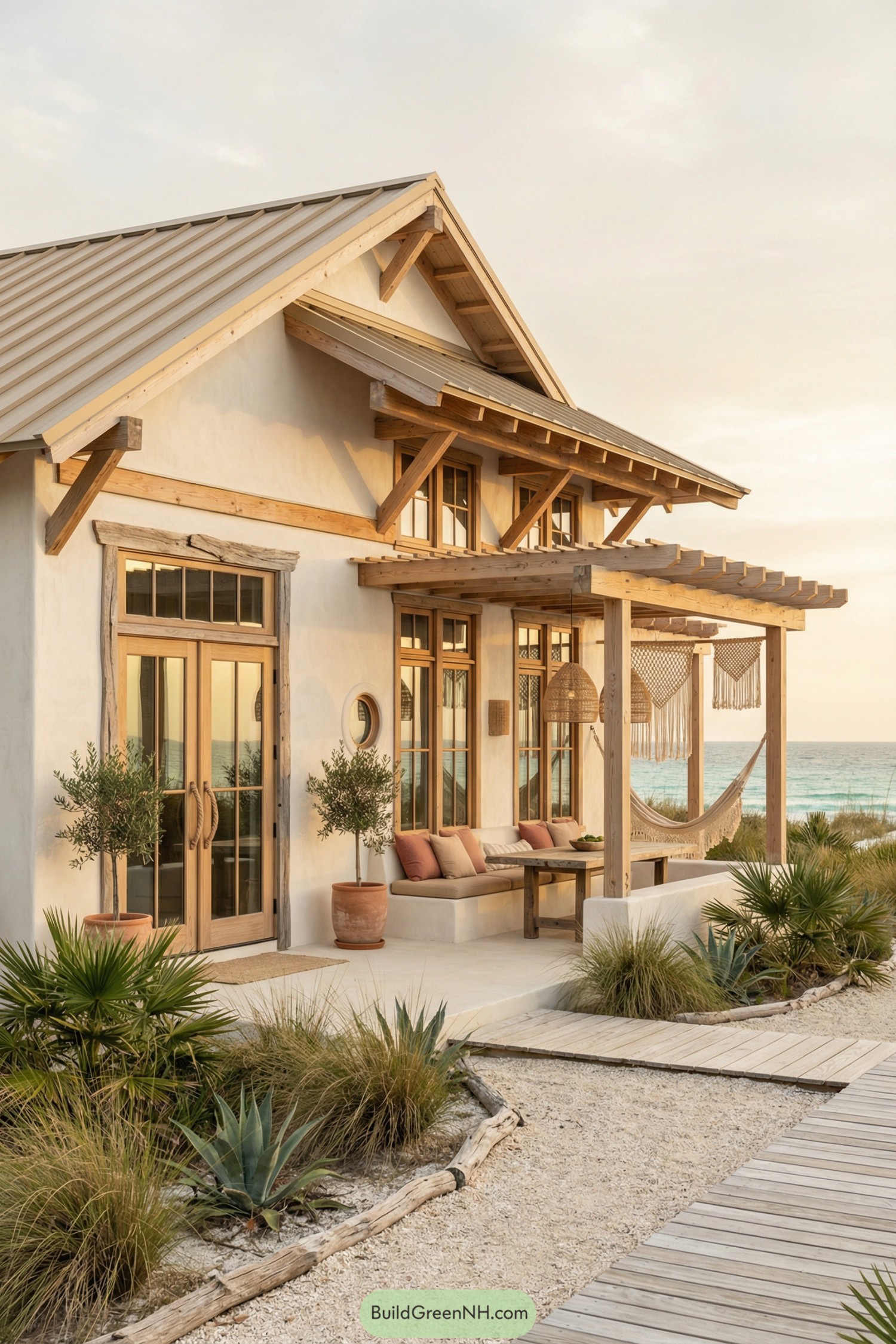 Boho beach house with timber pergola and hammock by the ocean