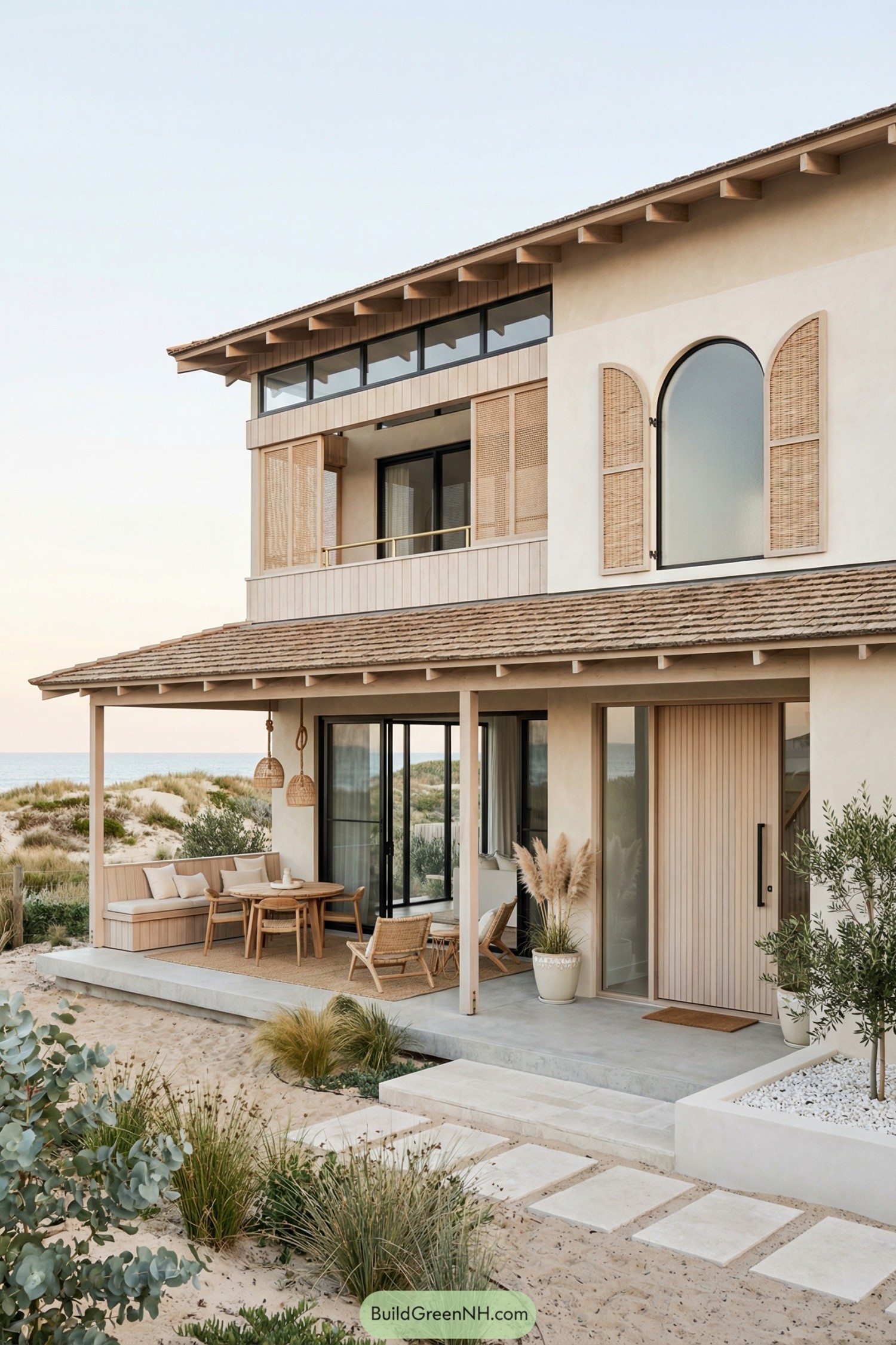 Two-story boho beach house with pale timber, rattan shutters, and an open terrace facing sandy dunes