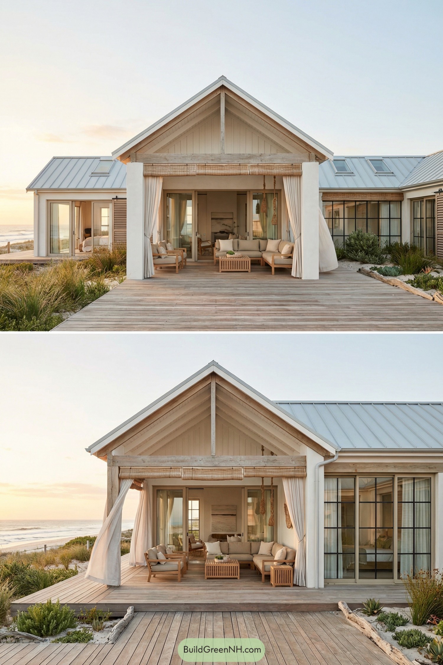 Modern coastal pavilion with timber deck lounge and flowing curtains facing the ocean