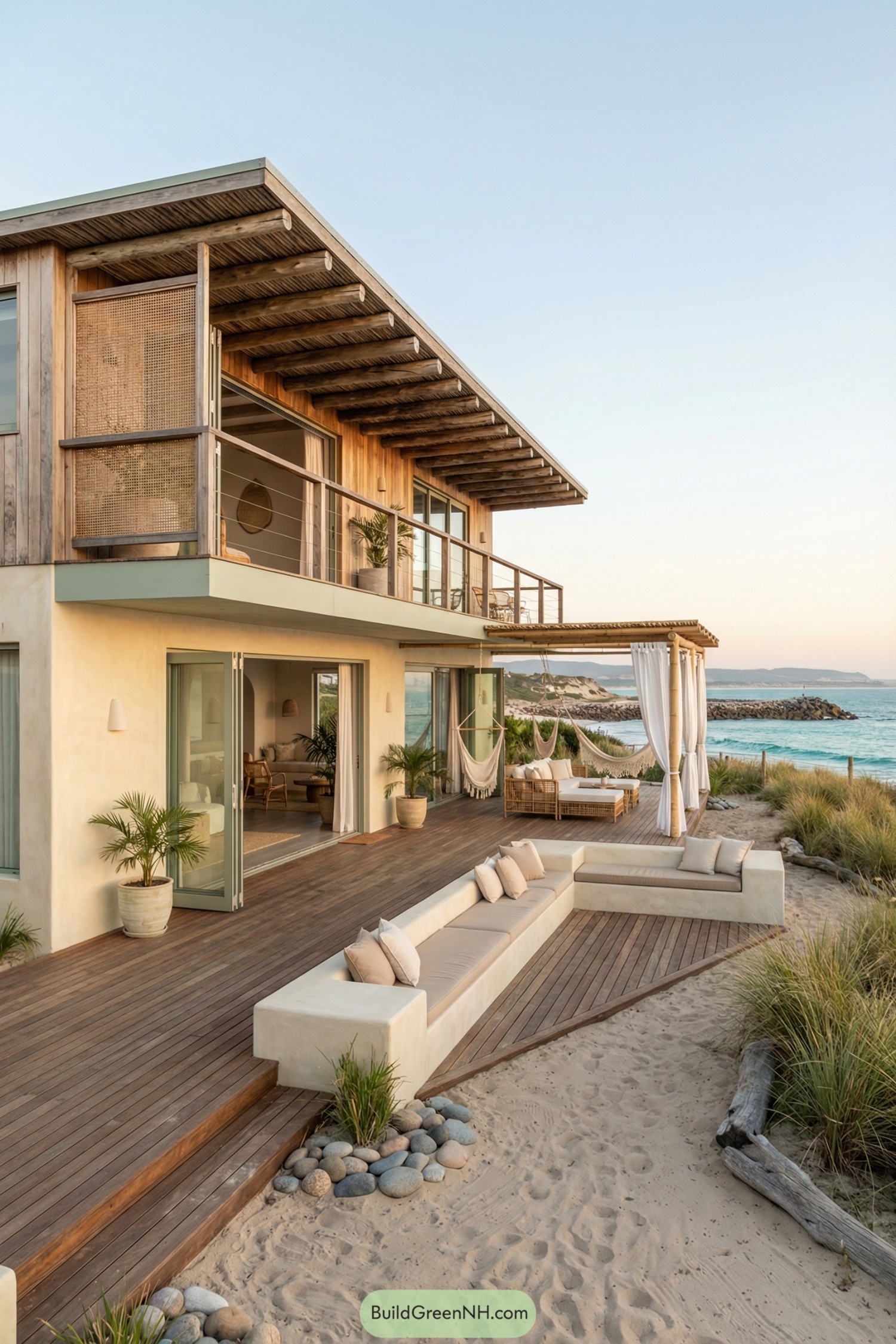 Two-story boho beach house with wood deck, built-in seating, and hammocks facing the sea