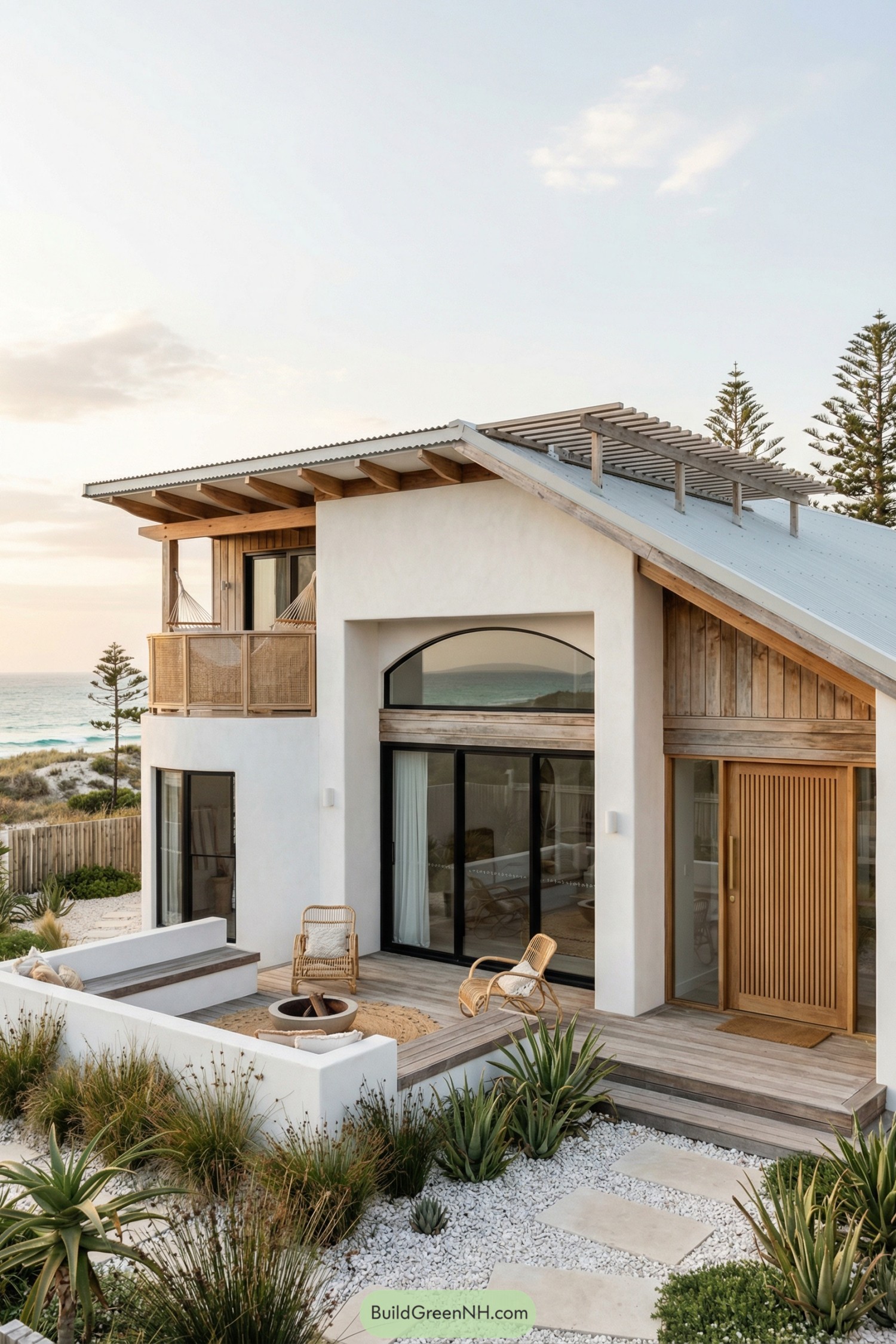 Modern boho beach house with white stucco walls, timber accents, and a cozy sunken patio facing the ocean