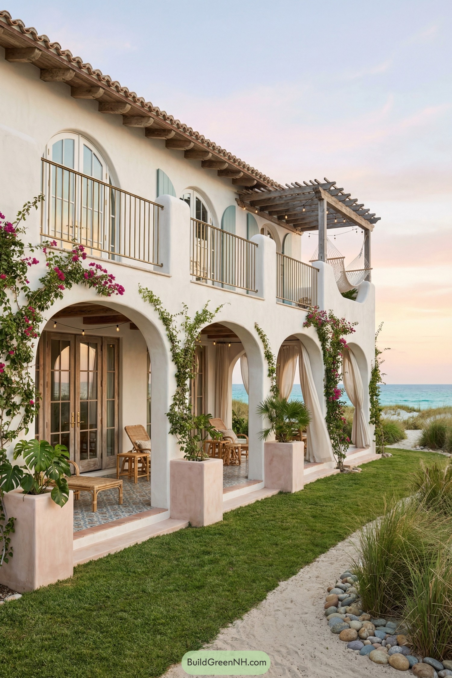 Two-story boho beach house with arched terraces, climbing vines, and hammocks facing the ocean