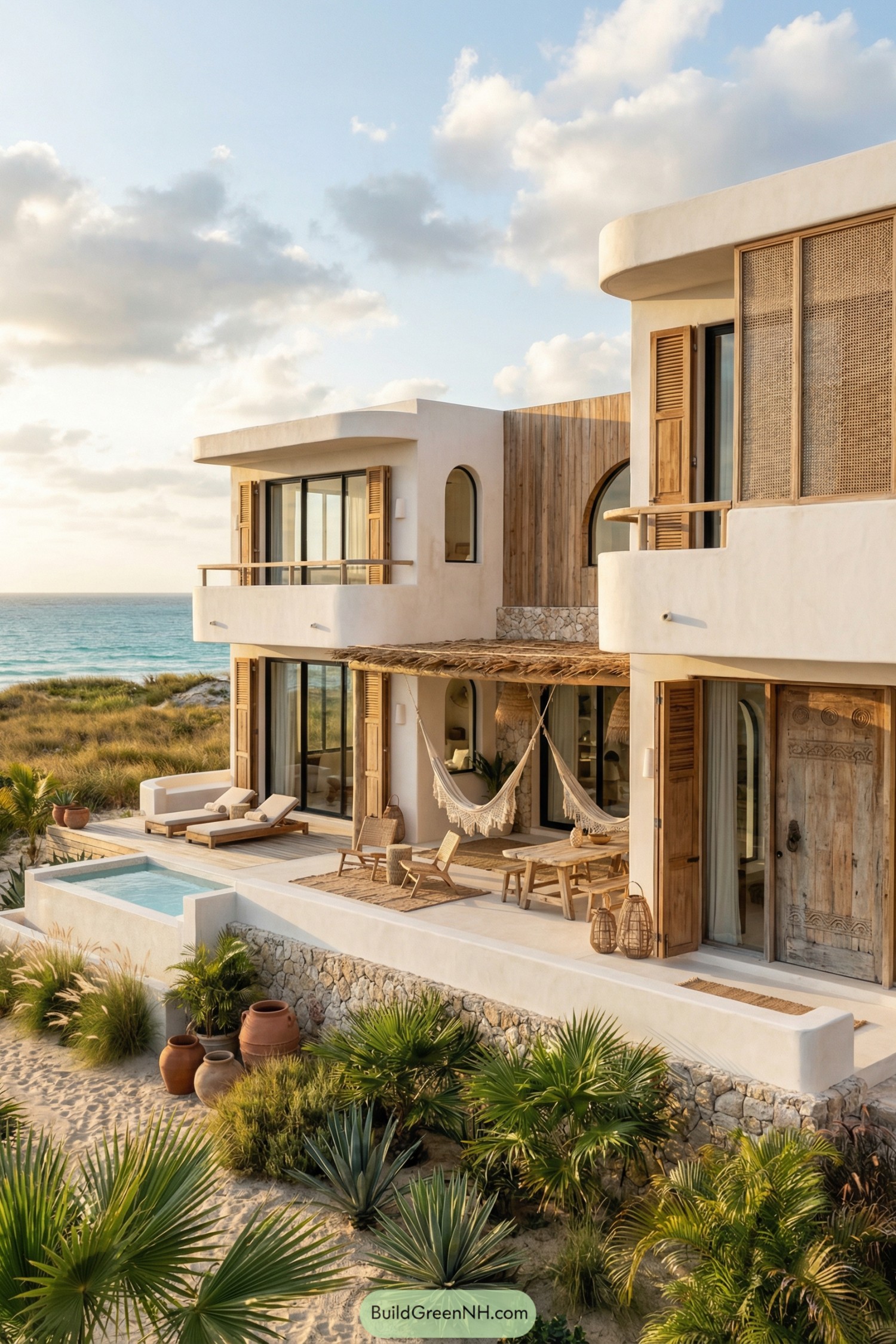 Boho beachfront house with stucco walls, wood accents, hammocks, and a plunge pool facing the sea
