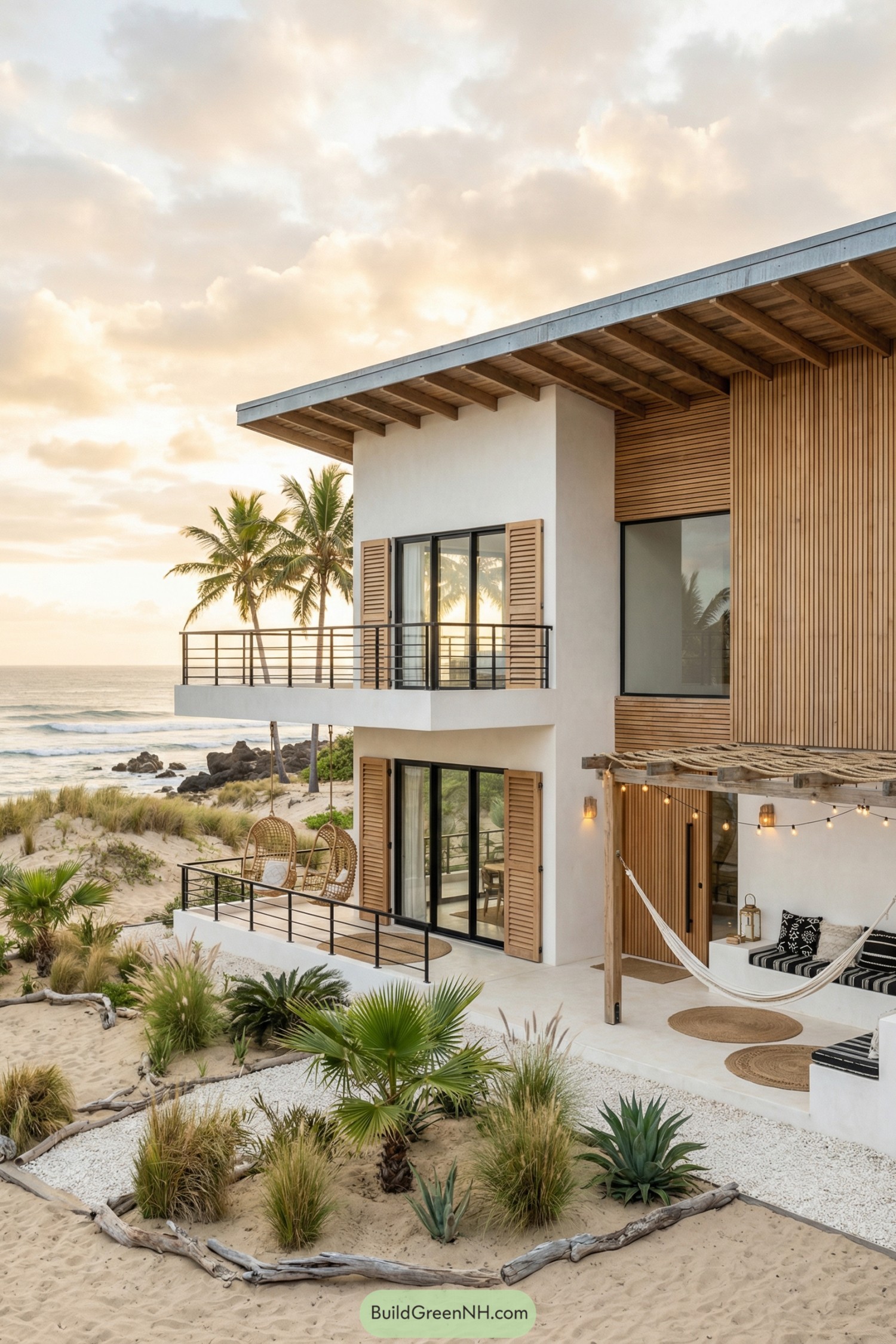 Two-story boho beach house with wood slats white stucco terraces hammocks and coastal landscaping beside the ocean