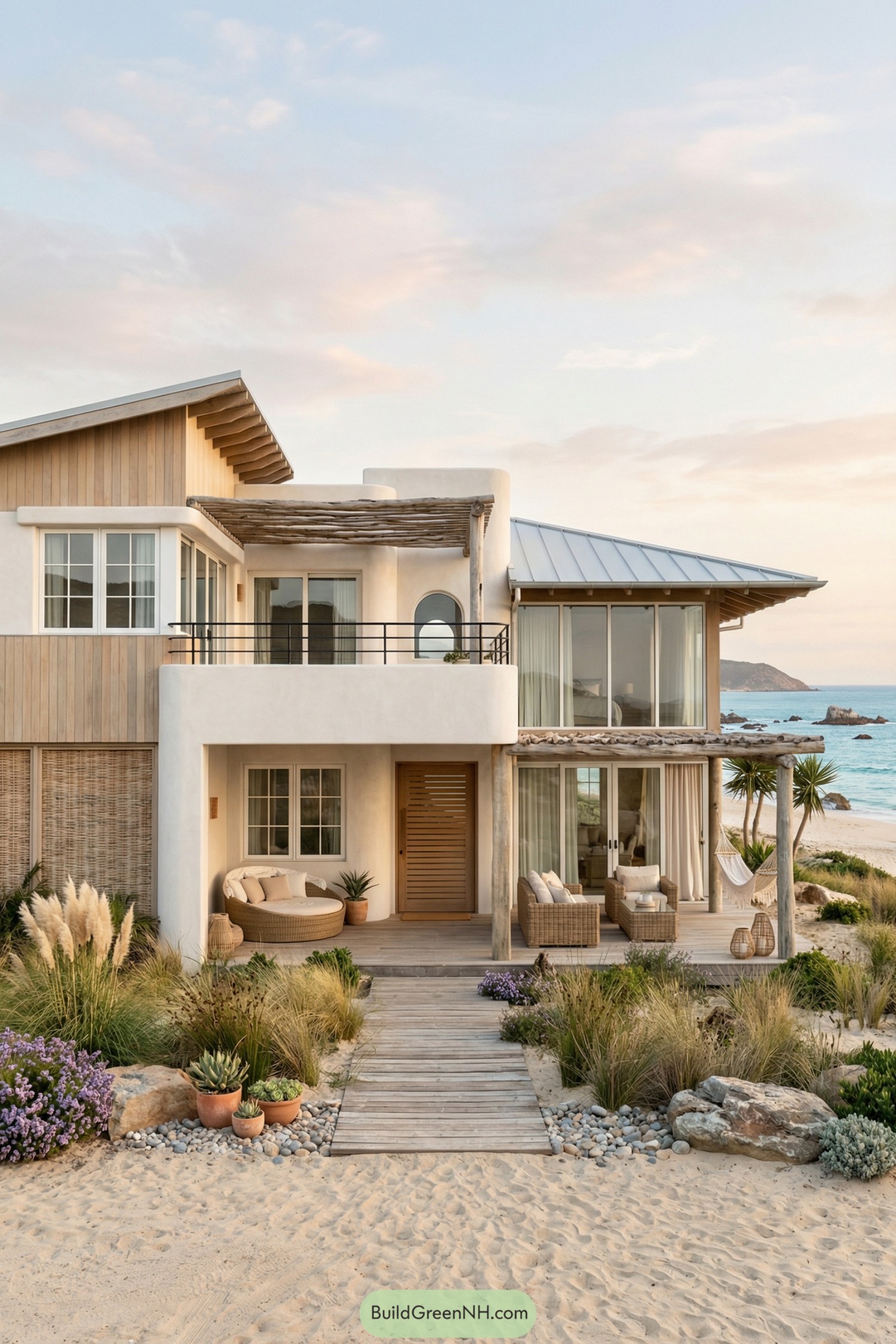 Two story boho beach house with wood and stucco exterior opening onto a sandy path and ocean views