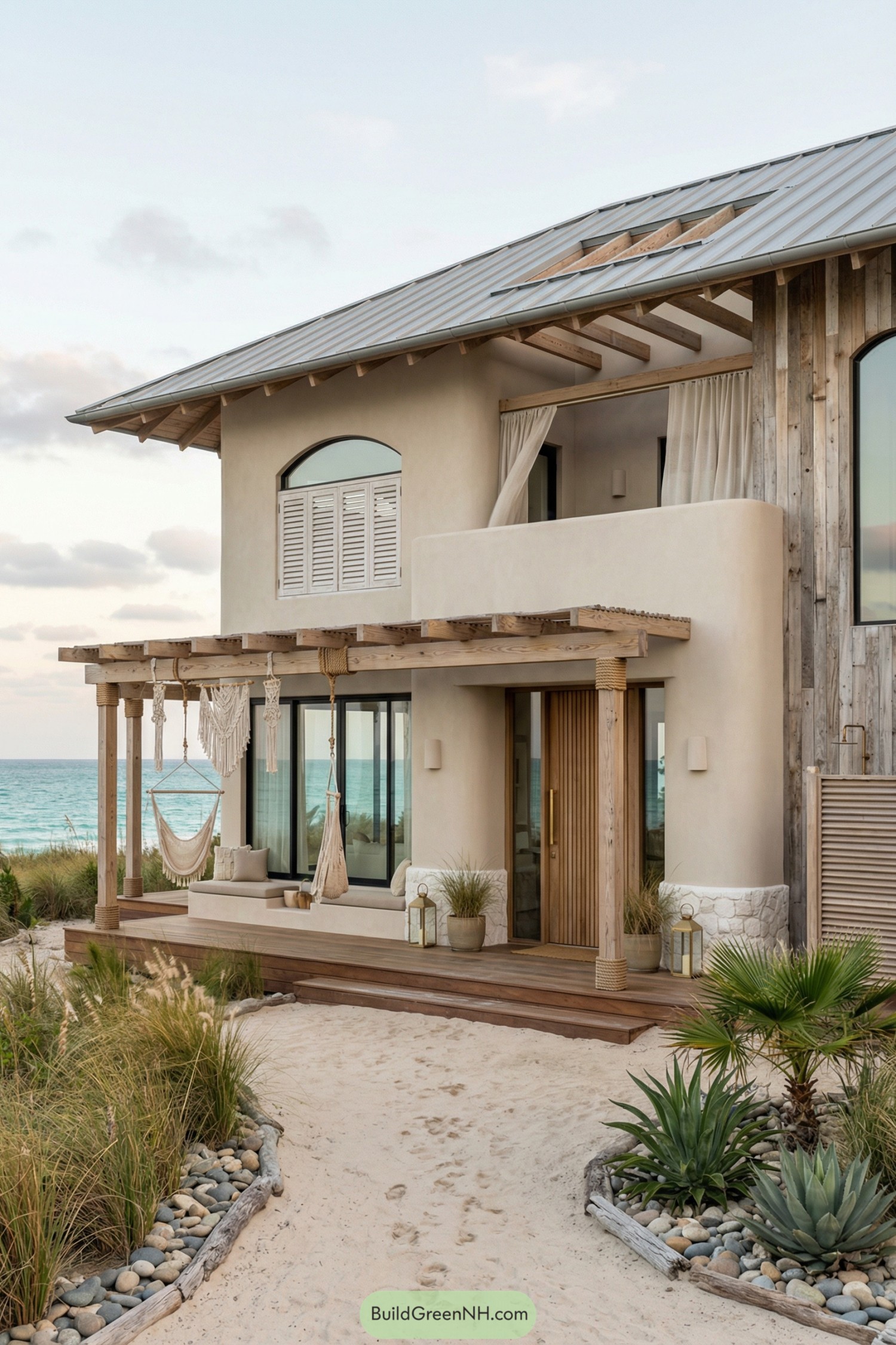 Boho-style beachfront house with timber pergola and hanging hammocks