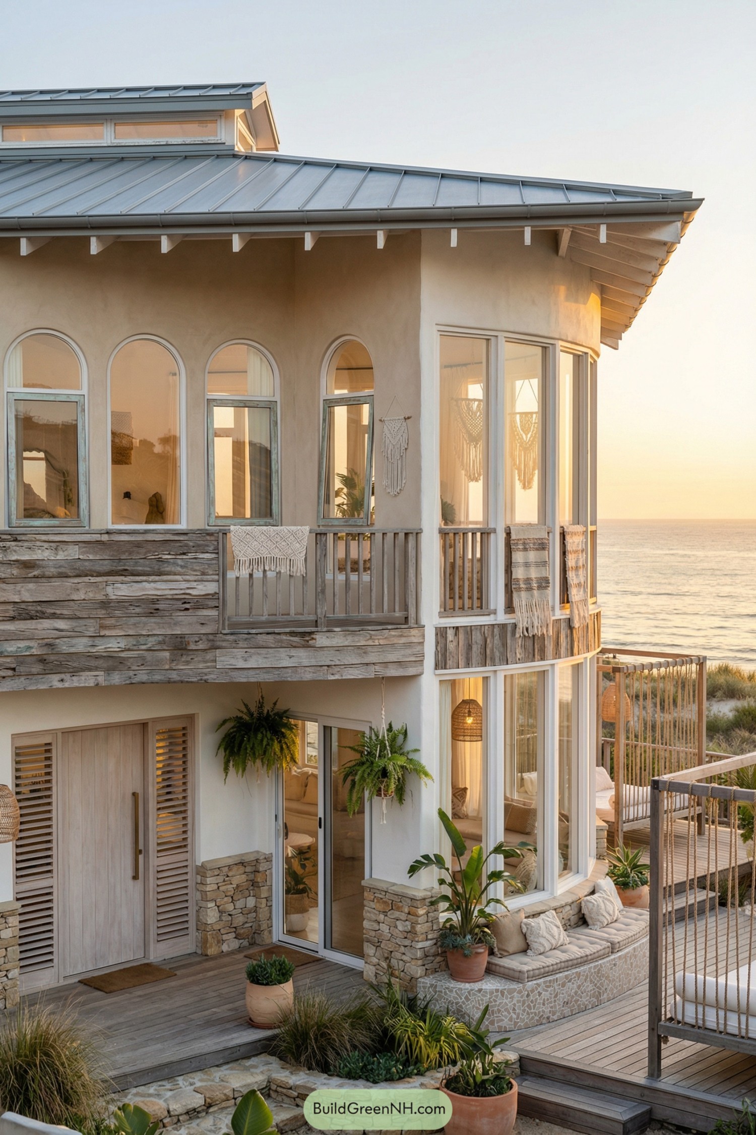 Boho coastal house with arched windows overlooking the ocean at sunset