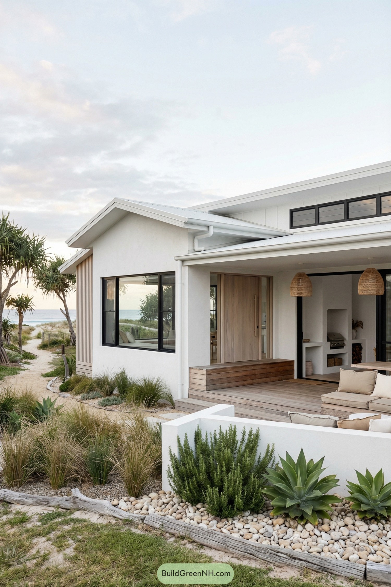 Modern white beach house with timber deck, woven pendants, and coastal garden leading to the shoreline