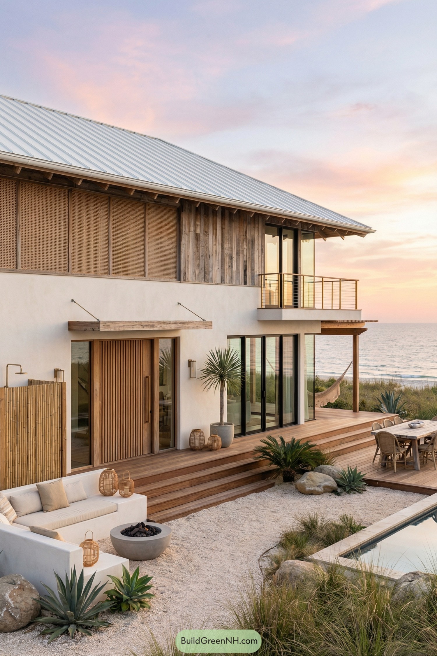 Modern boho beach house with wood deck overlooking the ocean at sunset