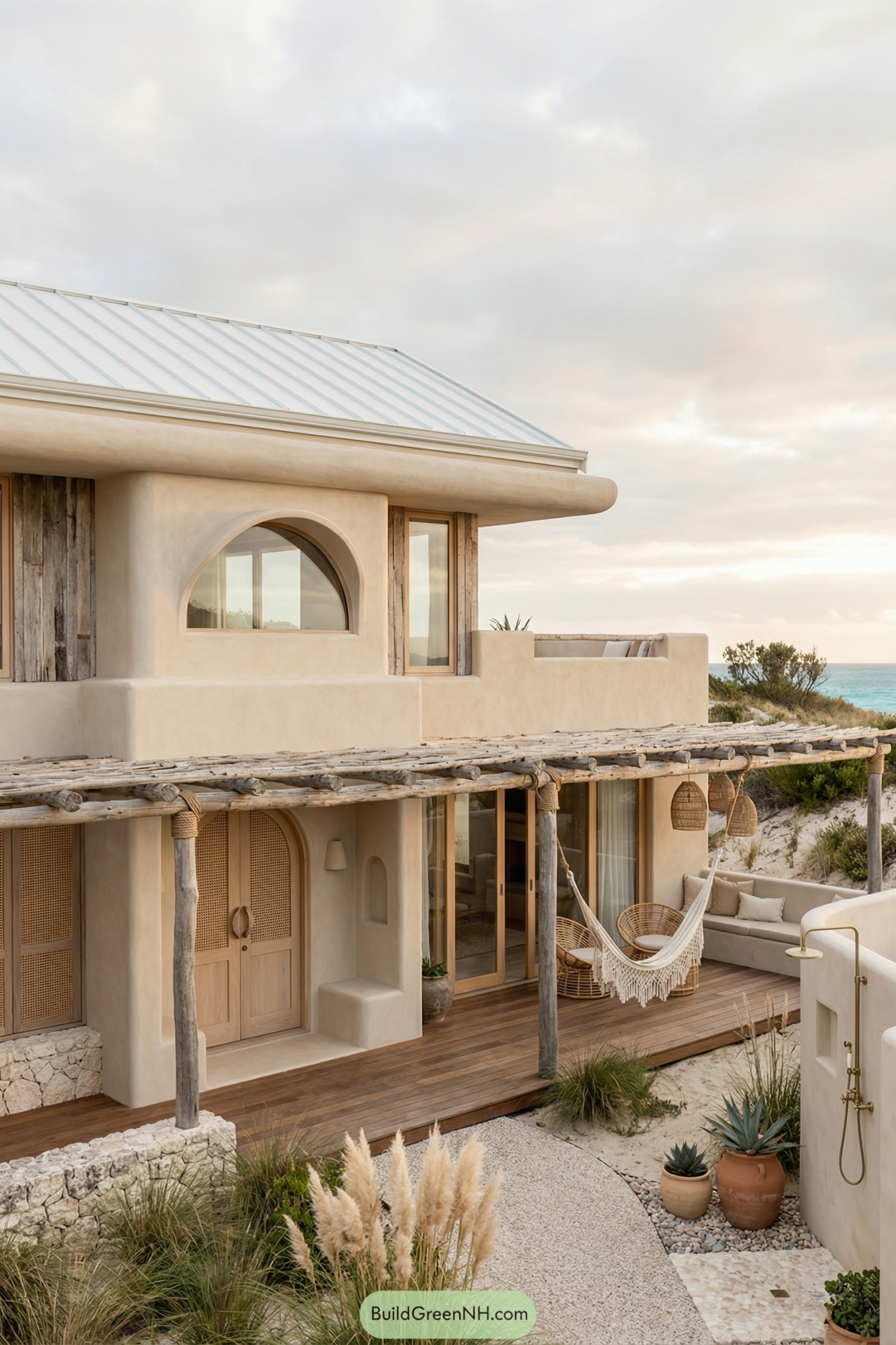 Two-story boho beach house with soft plaster walls, arched openings, driftwood pergola and hammock overlooking sandy coastal dunes