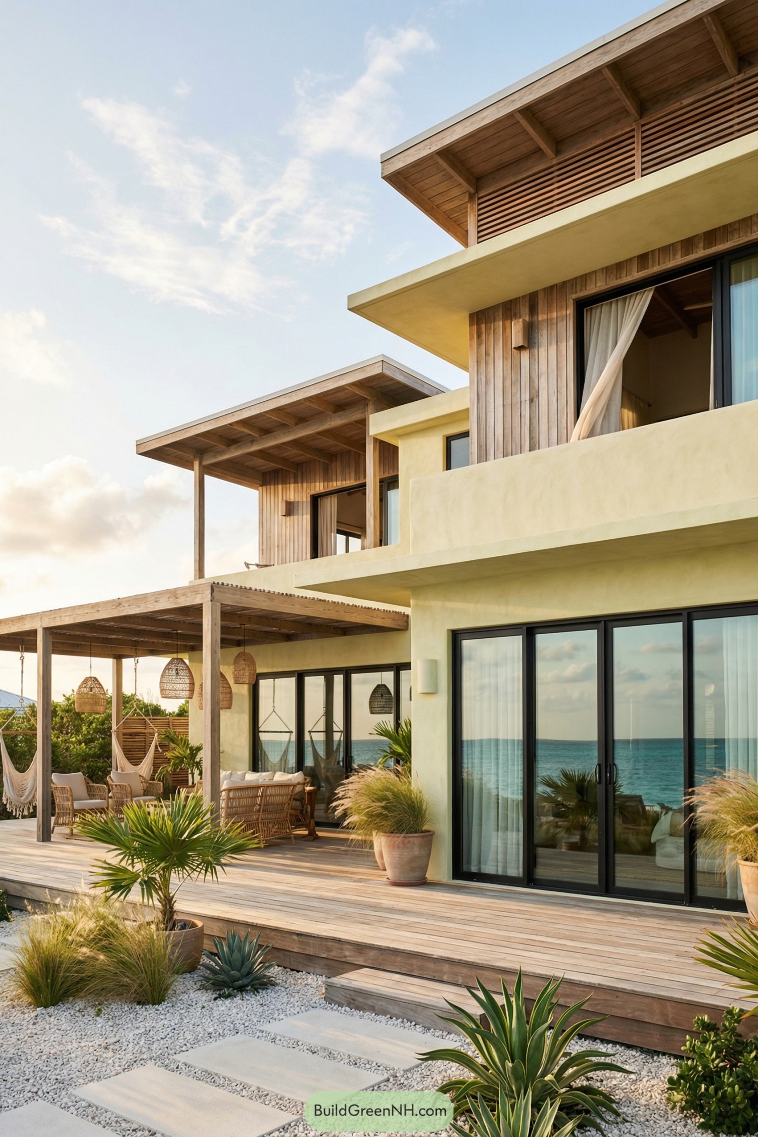 Modern boho beach house with wood deck by the ocean