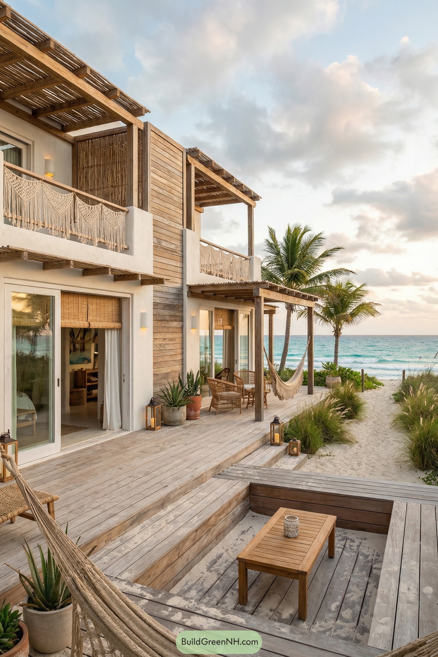 Two-story boho beach house with wood decks and hammocks facing the ocean
