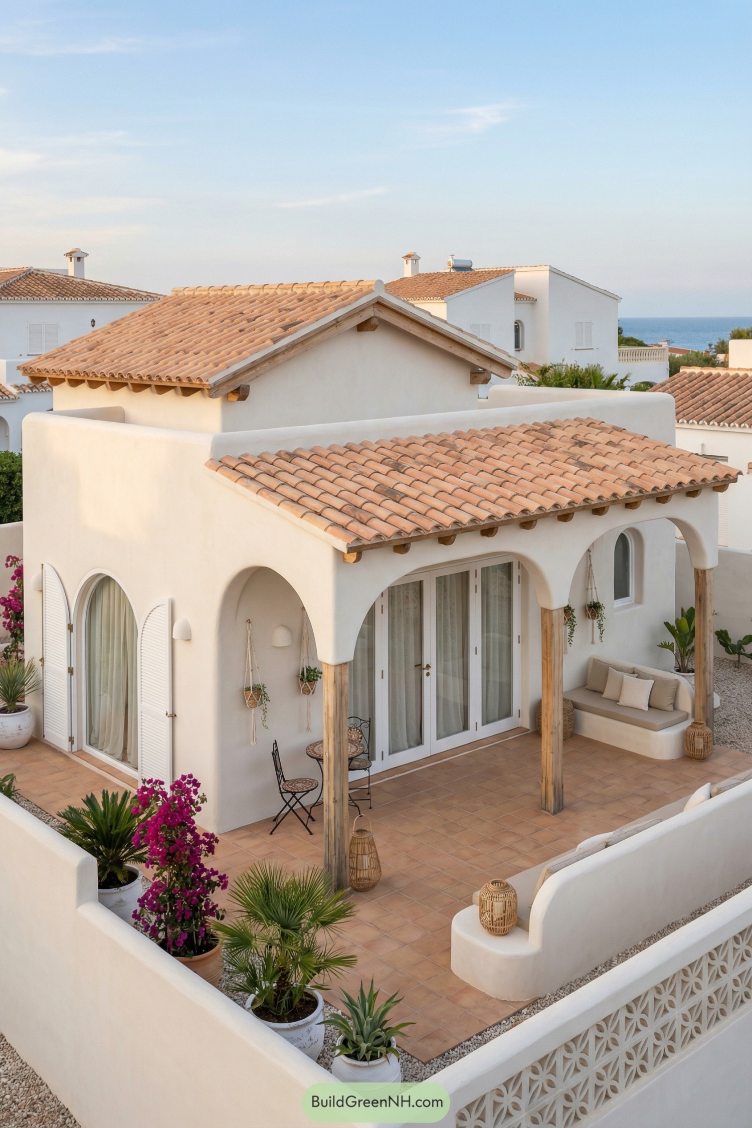 White stucco beach house with terracotta patio and arched porch