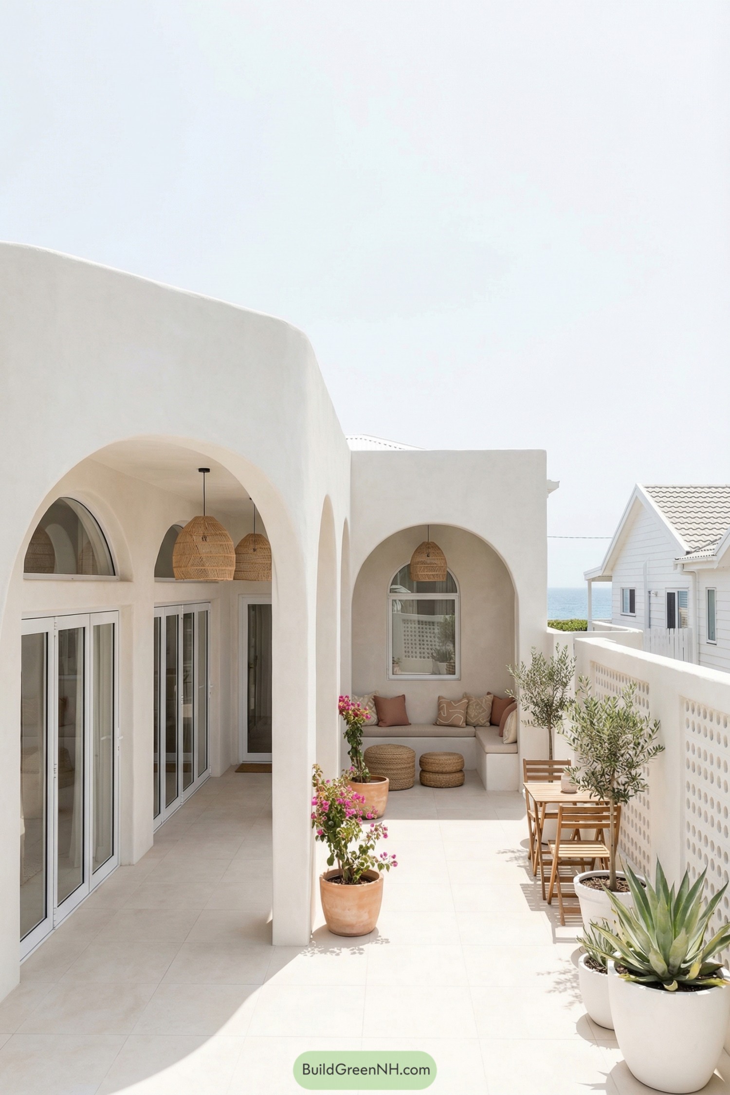 Creamy arched terrace with built-in seating and potted plants by the sea