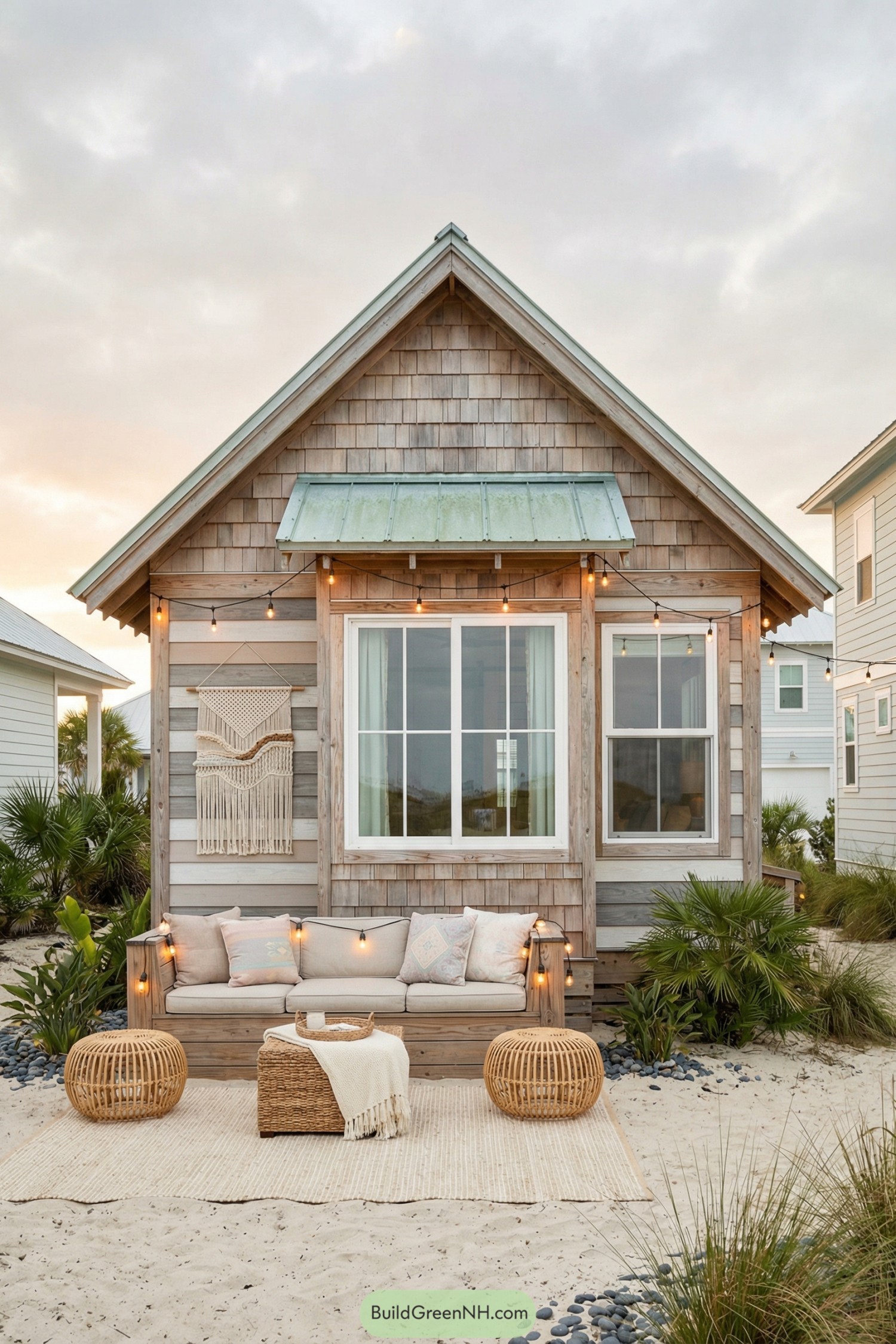 Cozy boho beach cottage with string lights