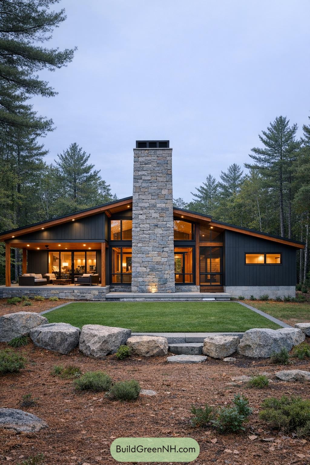 Modern forest cabin with central stone chimney, expansive glass, and covered outdoor living areas