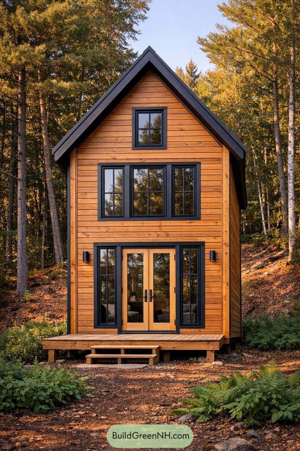 Compact two-story wood cabin with tall black-trimmed windows and a small front deck set in a forest