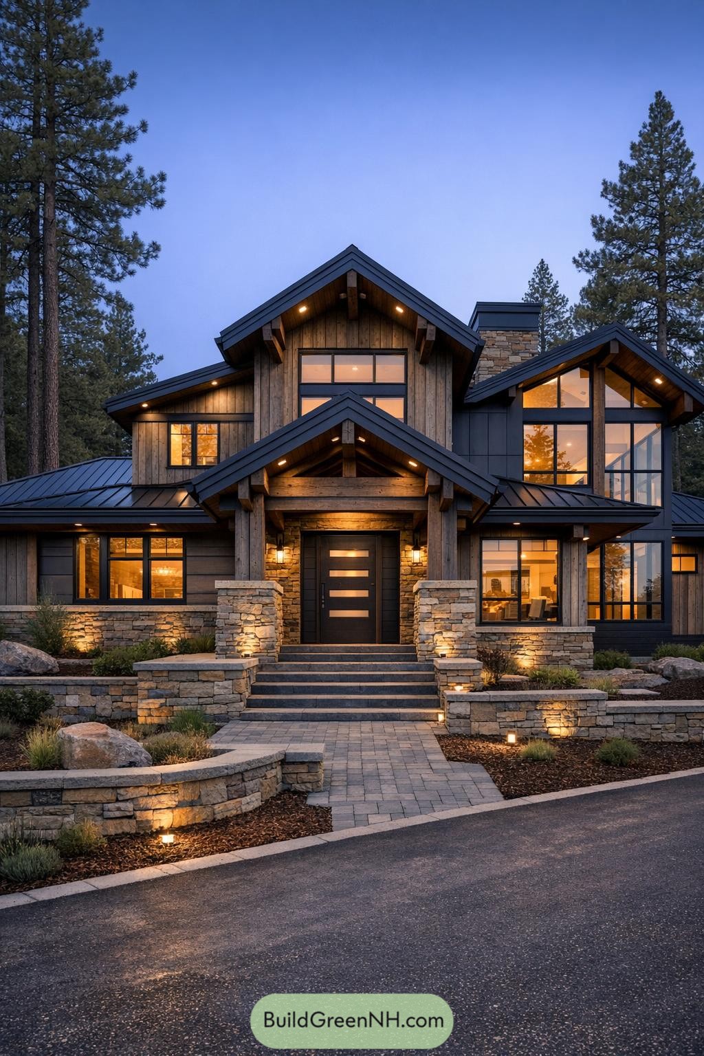 Two-story modern mountain home with stone terraces warm wood siding and large windows at dusk