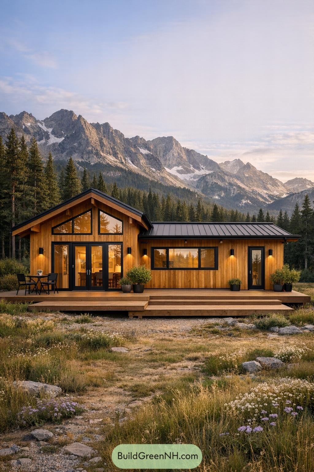 high-res photo of Cabin cottage modern, elongated single-story facade in contemporary cabin style, clean lines with slight asymmetrical gabled front volume, vertical natural-wood cladding in warm honey tone, black trim accents; rectangular linear shape with projecting front gable and deep roof overhangs, raised slightly above ground on a platform base; materials: smooth vertical timber siding, timber deck and stairs, dark metal or composite roof panels, black metal window and door frames, minimal matte black wall sconces; low-pitch shed and gable roof combination, extended eaves with exposed rafters, dark standing-seam or ribbed metal roofing; large modern windows with black frames, mix of tall floor-to-ceiling panes at corners and standard horizontal casement windows along the side, clerestory band under front gable; main entrance with narrow vertical glazed door on side portion, primary façade with double French doors in black frame and full-height glazing, all doors with clear glass; broad wooden wraparound steps forming two front terraces, simple timber rail-free platforms, small outdoor dining set with table and two chairs, potted small trees and shrubs placed near doors; naturalistic landscaping with low wild grasses and patches of groundcover flowers around the cabin, minimal edging, soft transition from deck to meadow; surrounding environment: dense evergreen forest of tall conifer trees, dramatic distant mountain range with rocky peaks and patches of snow, clear sky with light clouds, soft golden-hour lighting casting long shadows, tranquil alpine meadow foreground, overall scene centered on the cabin with cinematic depth and balanced composition; real-life photo, high-resolution, architectural photography, soft lighting, cinematic composition.
