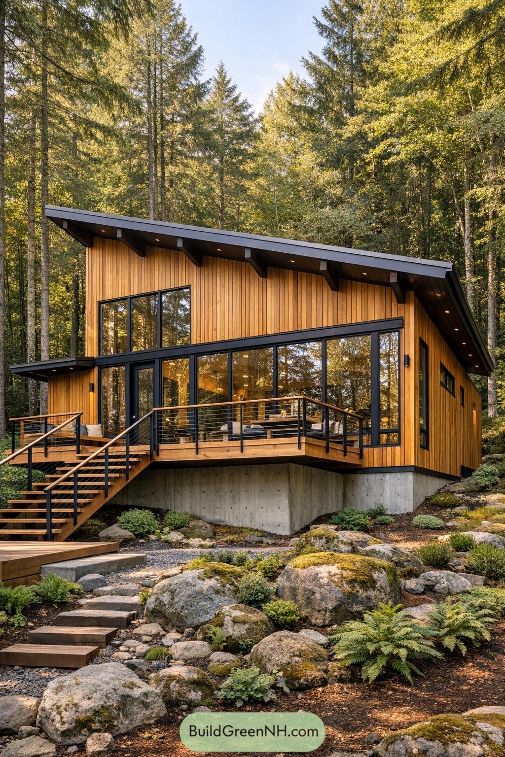 Modern cedar cabin with large glass front and elevated deck in a forest setting