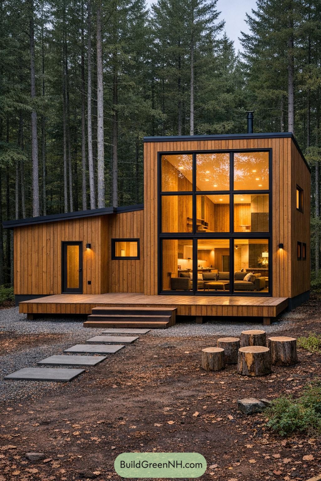 Modern wood cabin with tall glass façade