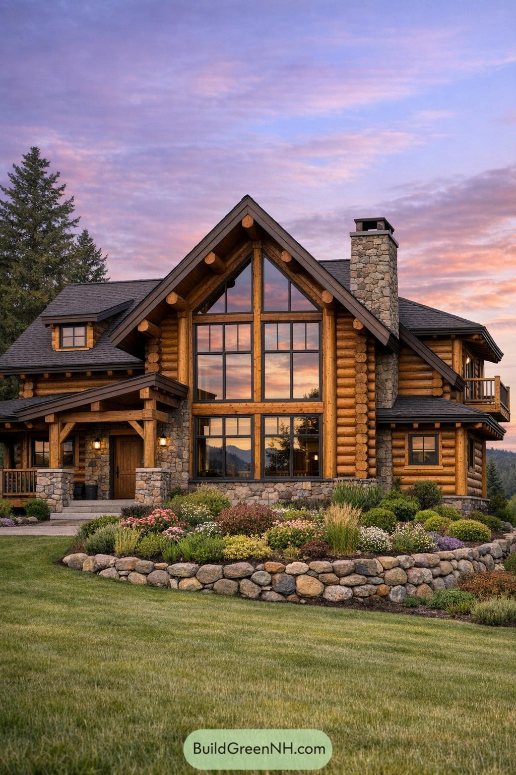 Rustic log-and-stone lodge with tall glass façade and manicured tiered garden in front at sunset