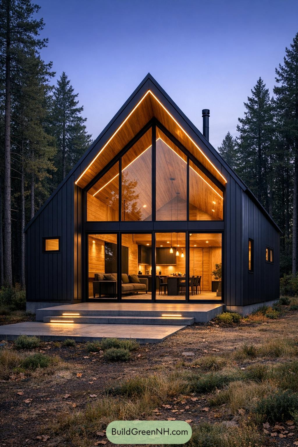 Modern black metal cabin with tall glass front and warm wood interior at dusk