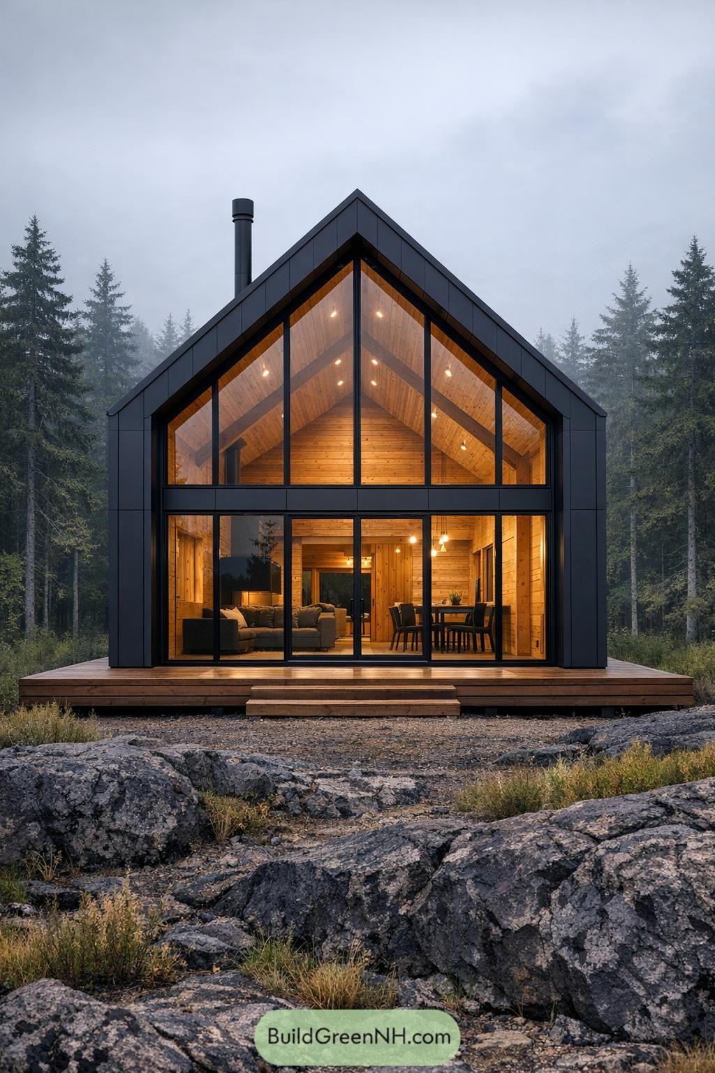 Modern glass-fronted gable cabin with warm wood interior set on a rocky forest clearing