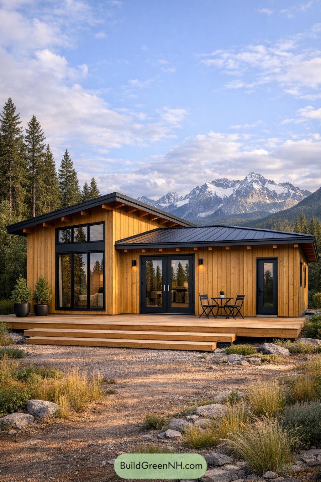 Modern cedar cabin with large deck facing mountains