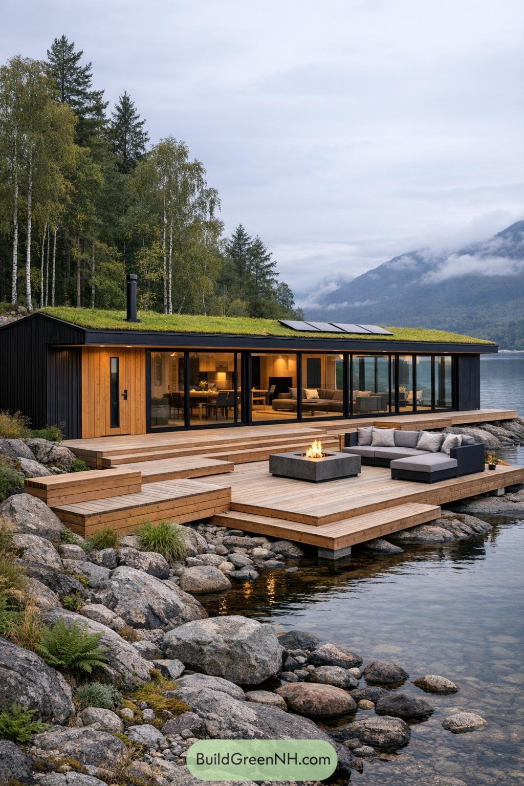 Modern lakeside cabin with tiered wooden decks and green rooftop