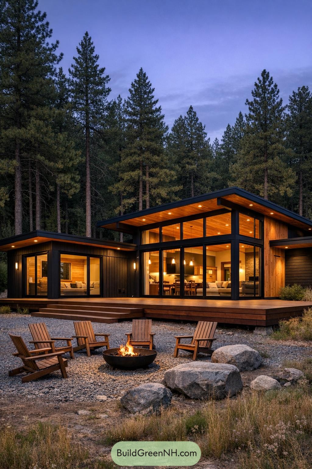 Modern forest cabin with glass walls, wood deck, and fire pit seating at dusk