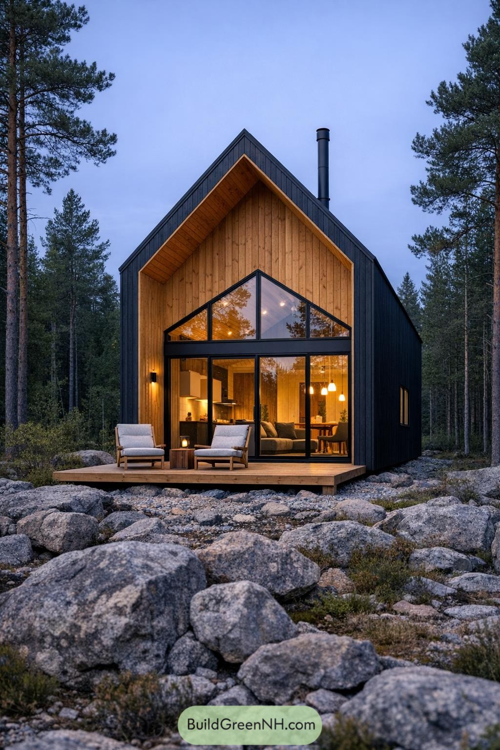 Modern wood-and-glass cabin with front deck in rocky forest clearing