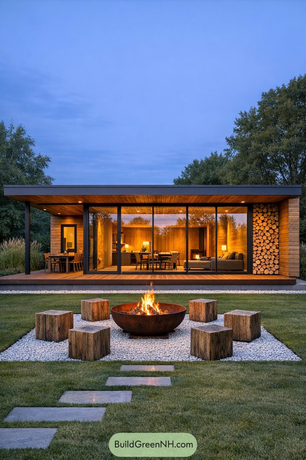 Modern wood cabin with full glass front and fire pit seating