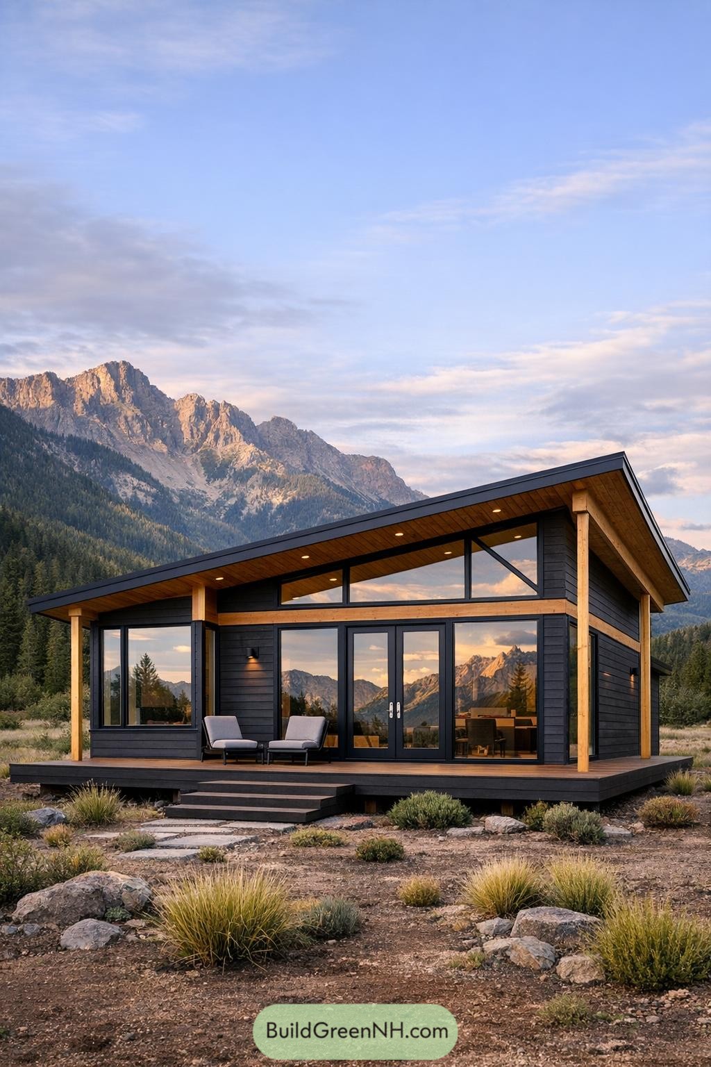 Modern dark-wood cabin with sloped roof and full-height windows set in an open mountain valley