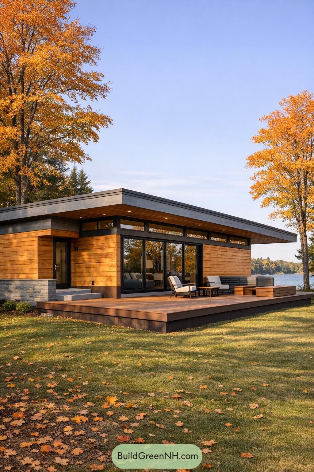 Modern wood cabin with flat roof and large deck beside an autumn lake