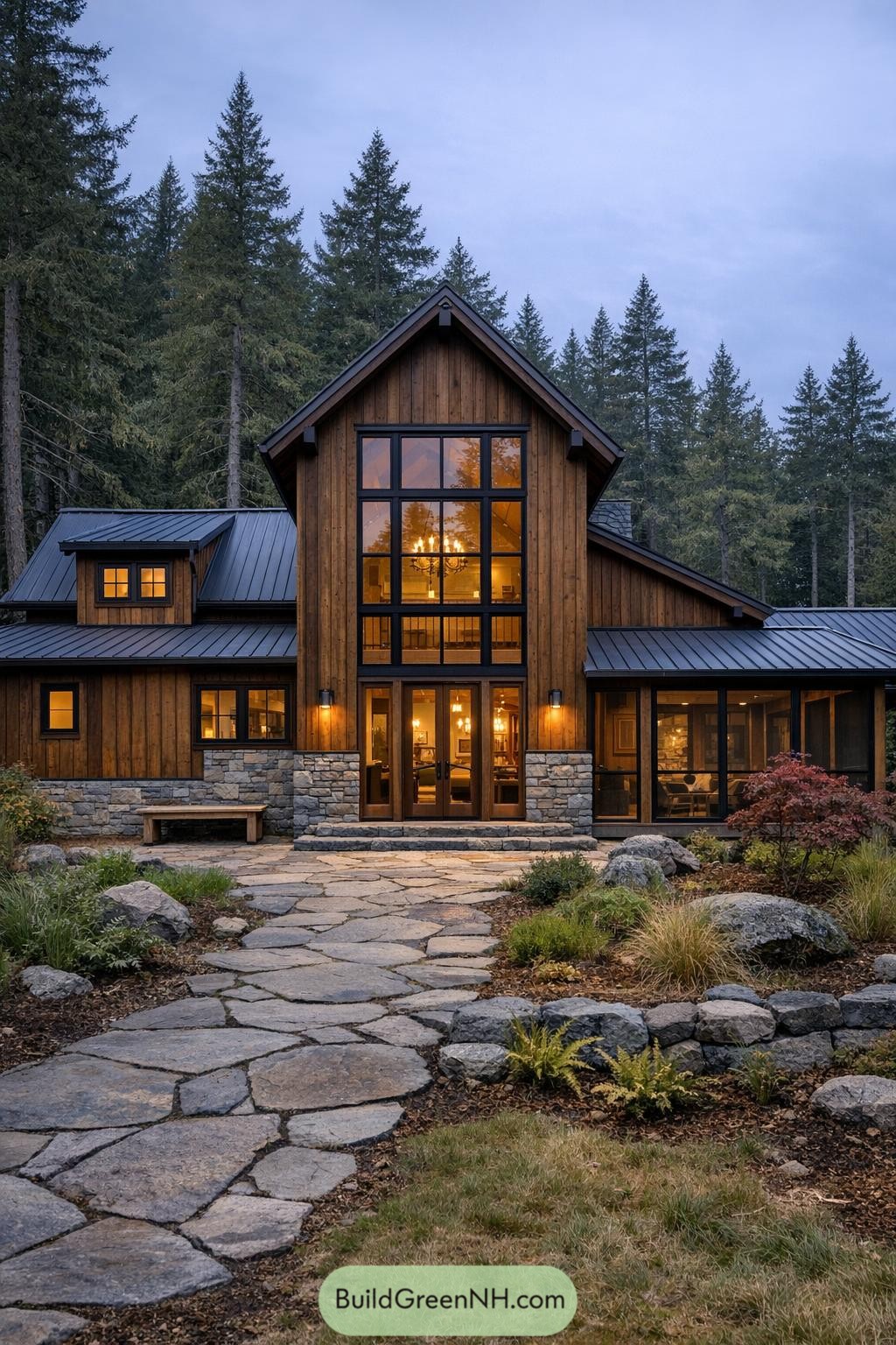 Two story wood and stone cabin with tall glass front in a forest setting