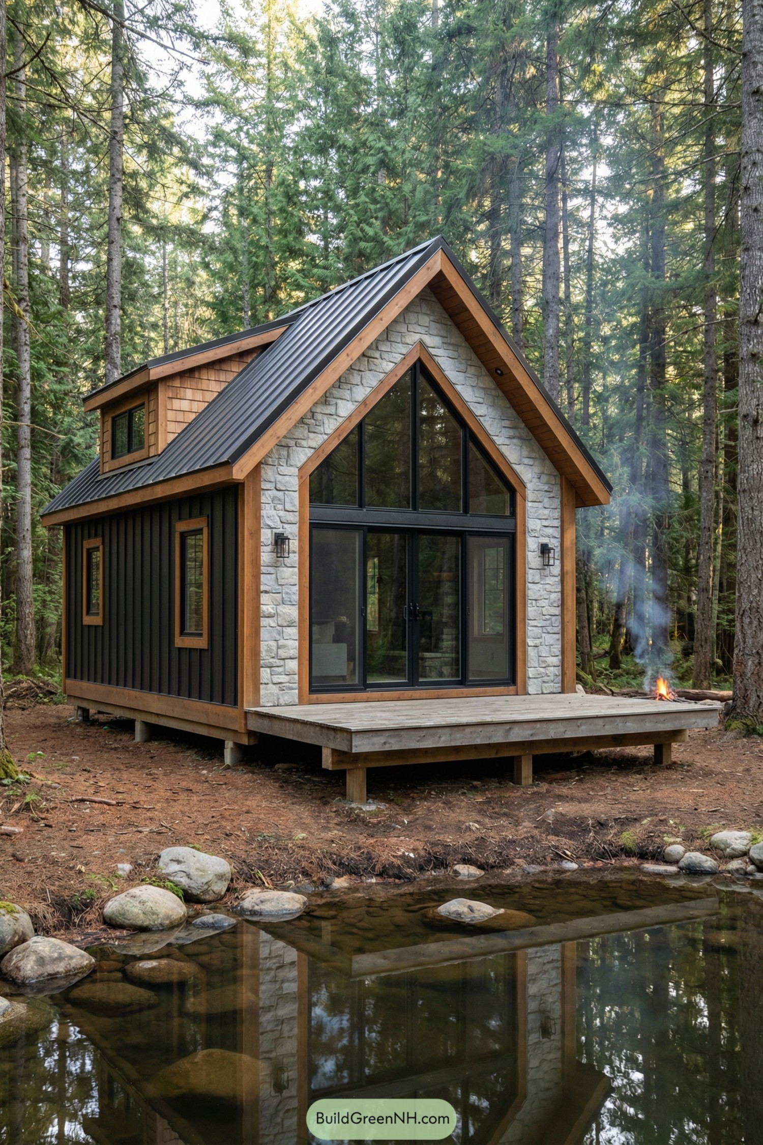 Compact modern cabin with stone facade and large glass front facing a forest pond