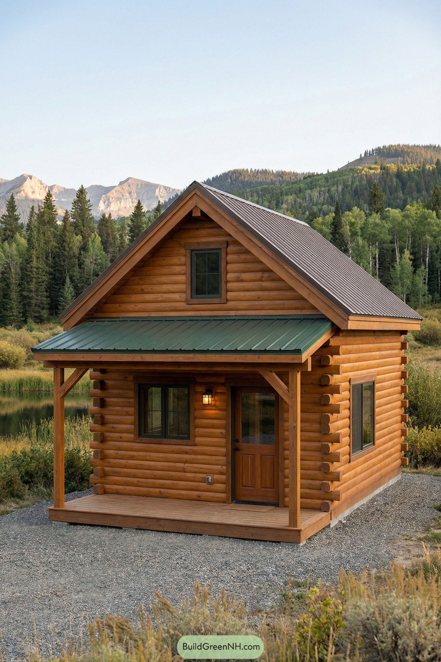 Small log cabin with front porch and metal roof set by forested mountains