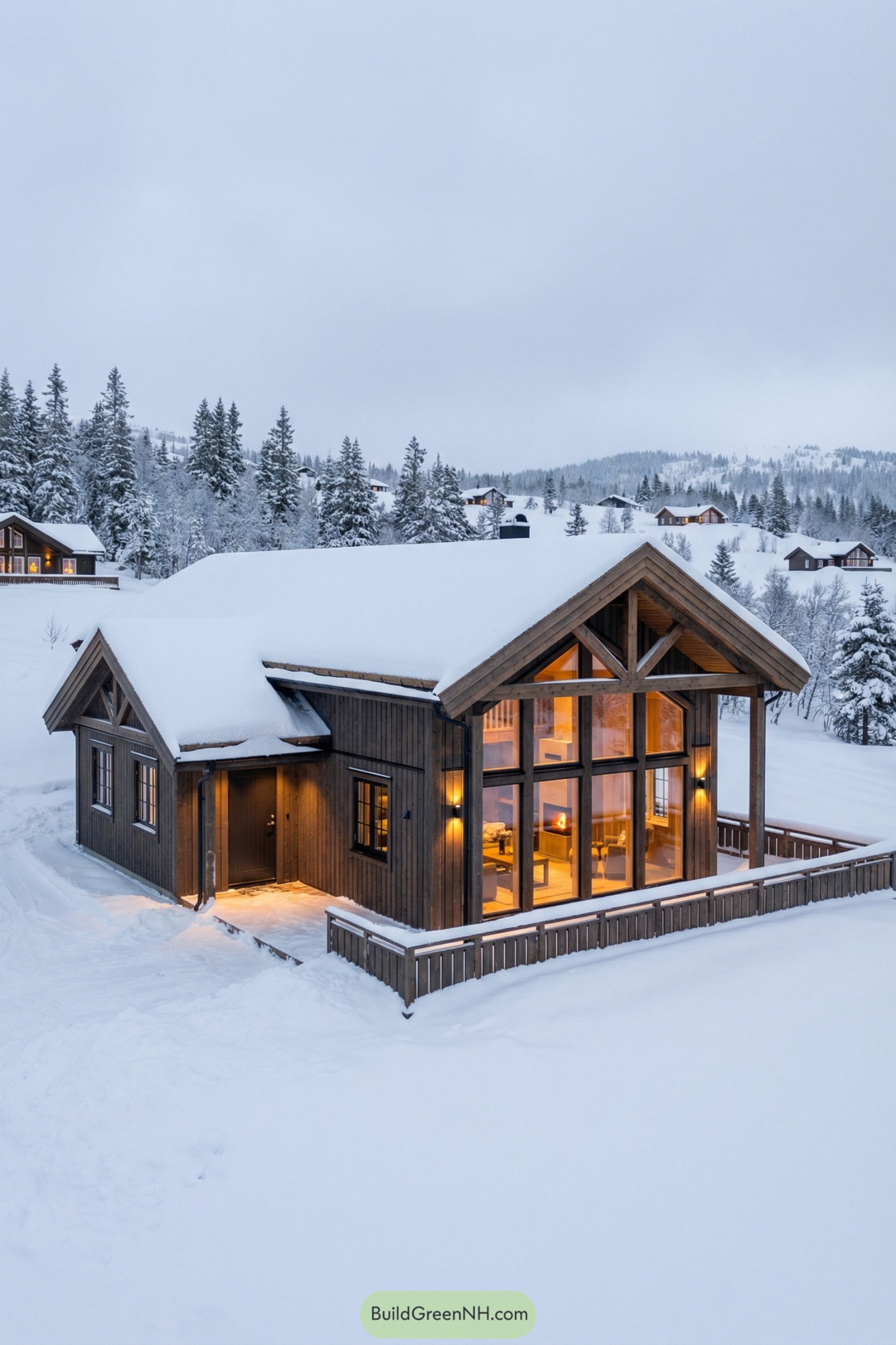 Warm-lit timber cabin with tall glass facade in snowy mountain landscape