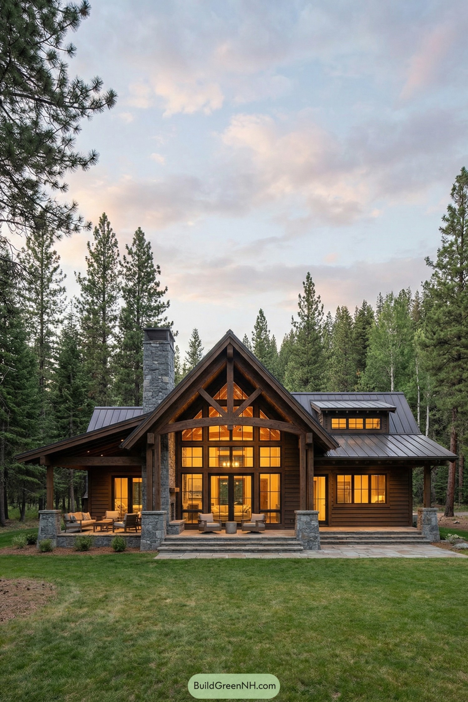 Warm-lit timber cabin with tall gables