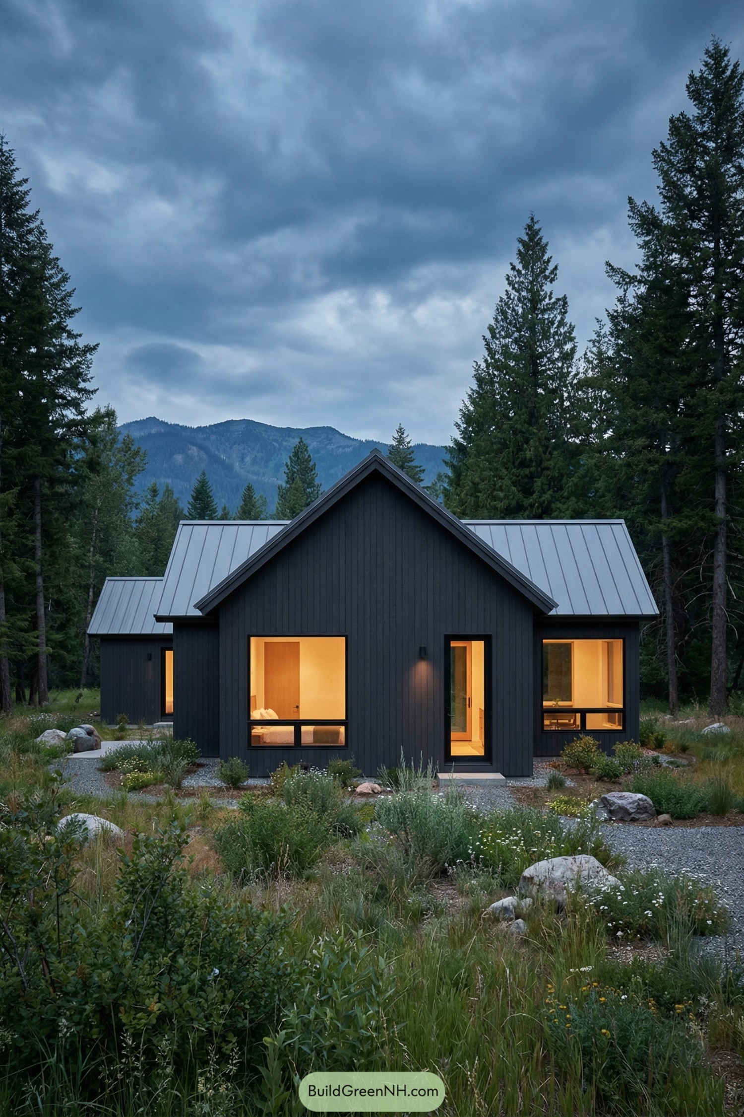 Modern dark-clad cabin glowing in forest clearing