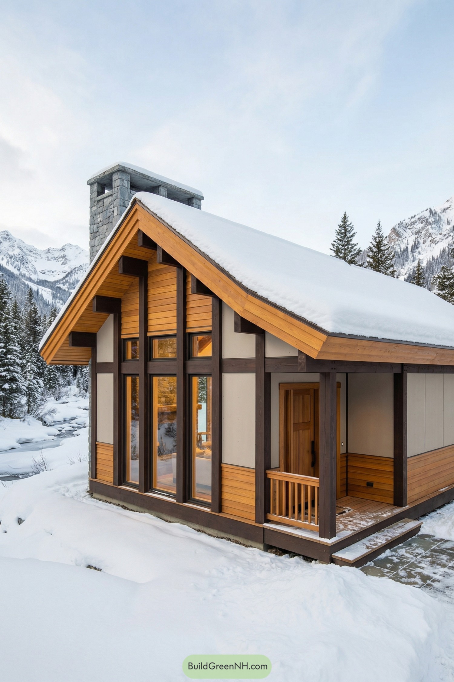 Modern timber cabin with tall windows and stone chimney in a snowy mountain landscape