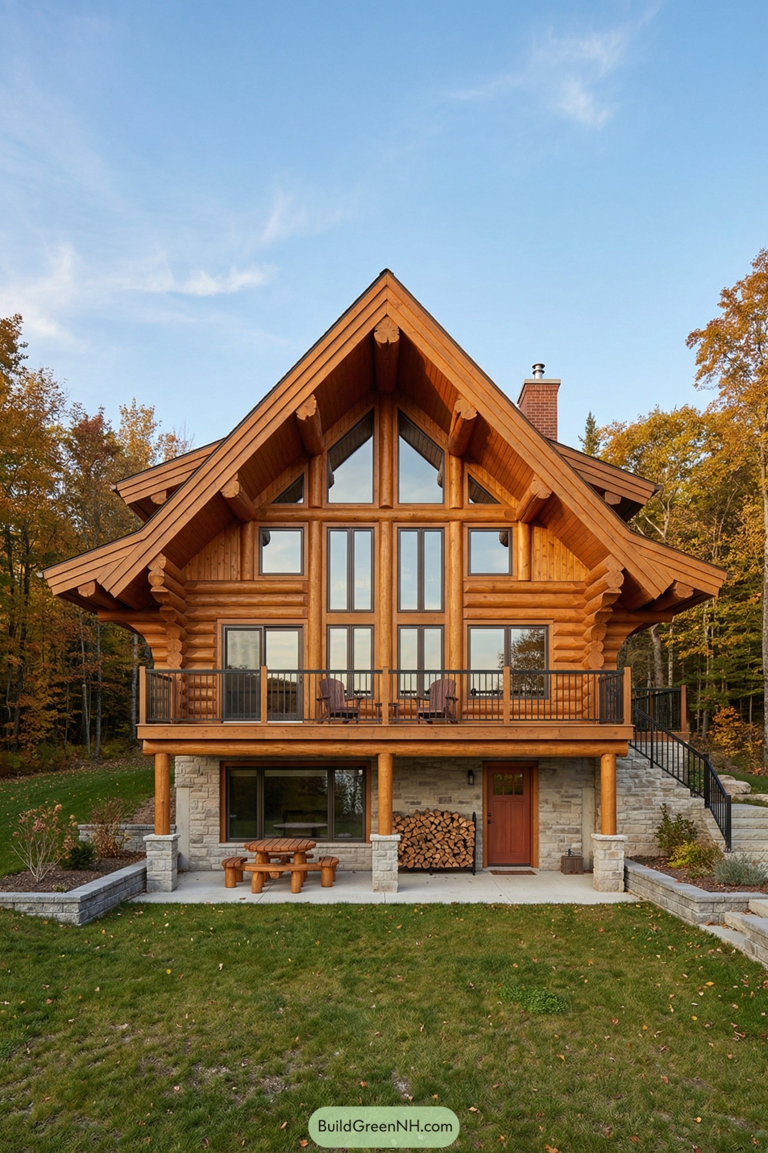 Warm log cabin with tall glass front, balcony, and stone base set in fall woods